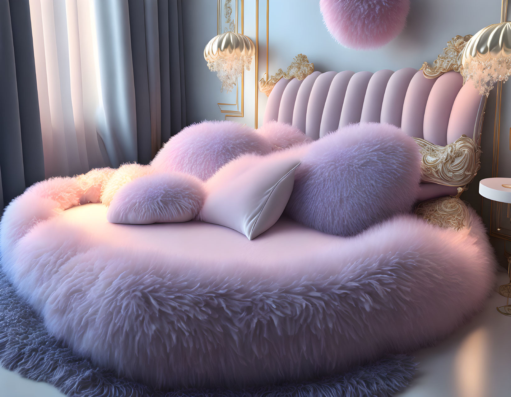 Luxurious Bedroom with Pink Round Bed and Gilded Mirrors