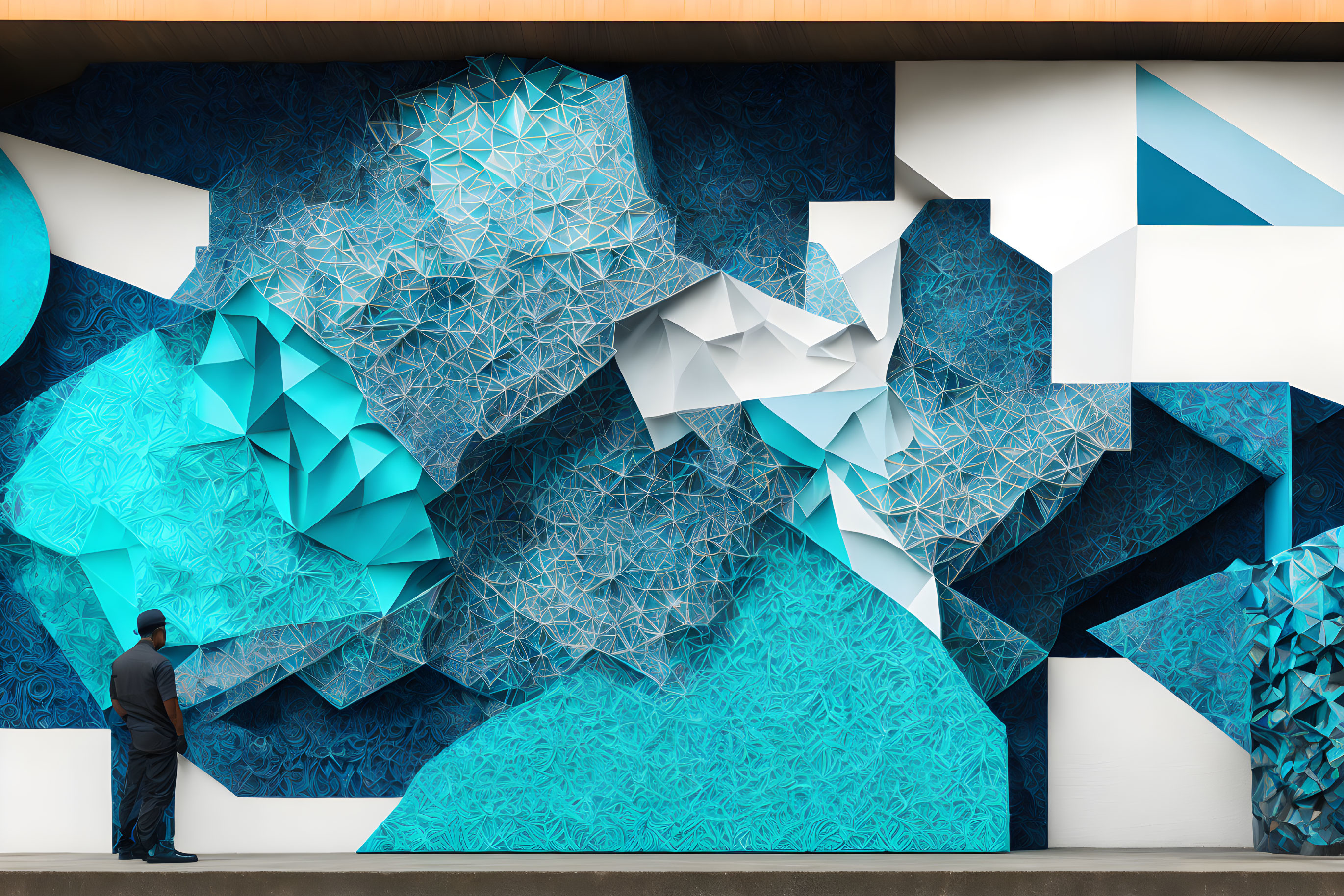 Abstract geometric 3D wall art in blue and white