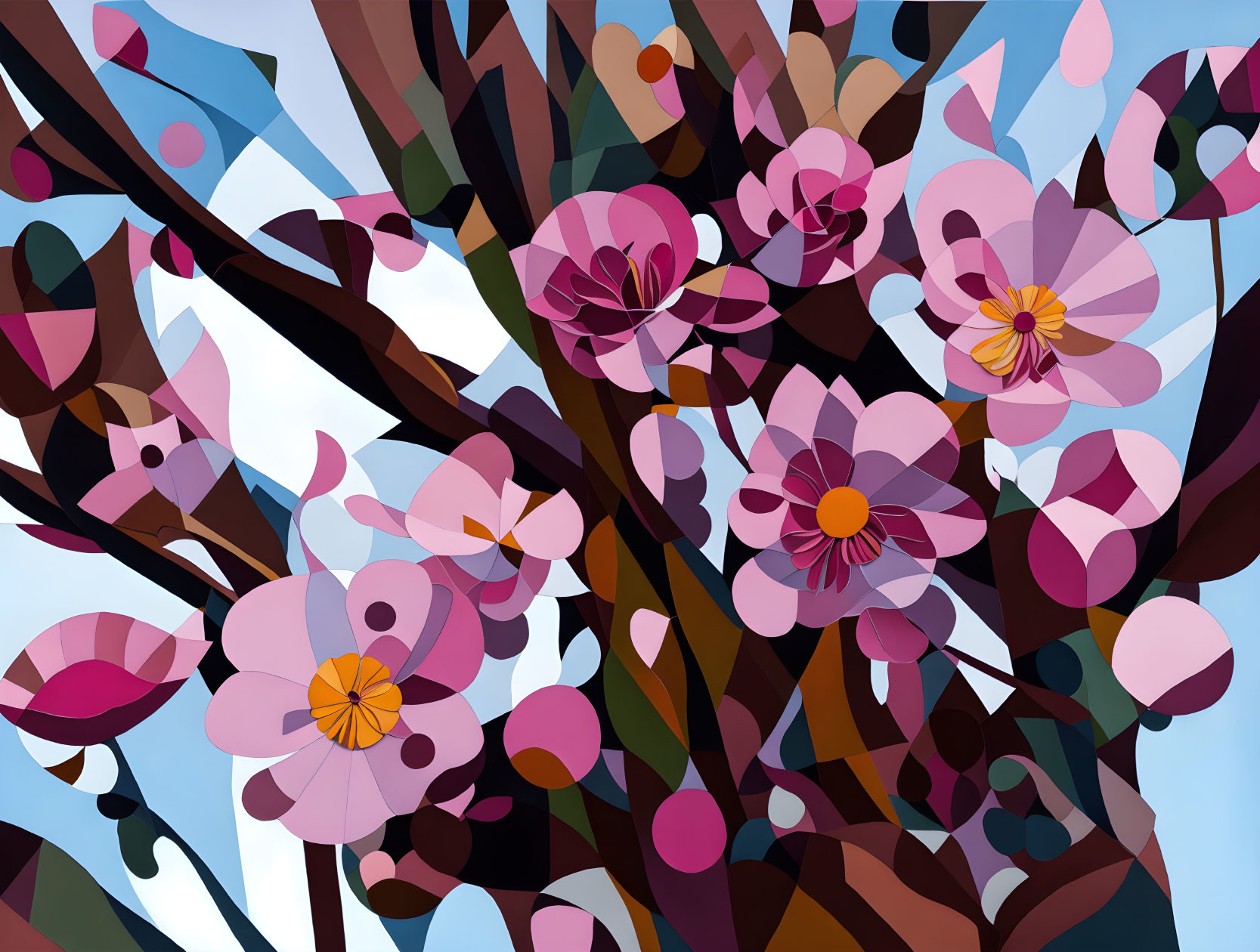 Geometric Pink and Purple Flowers with Brown Branches on Blue Sky