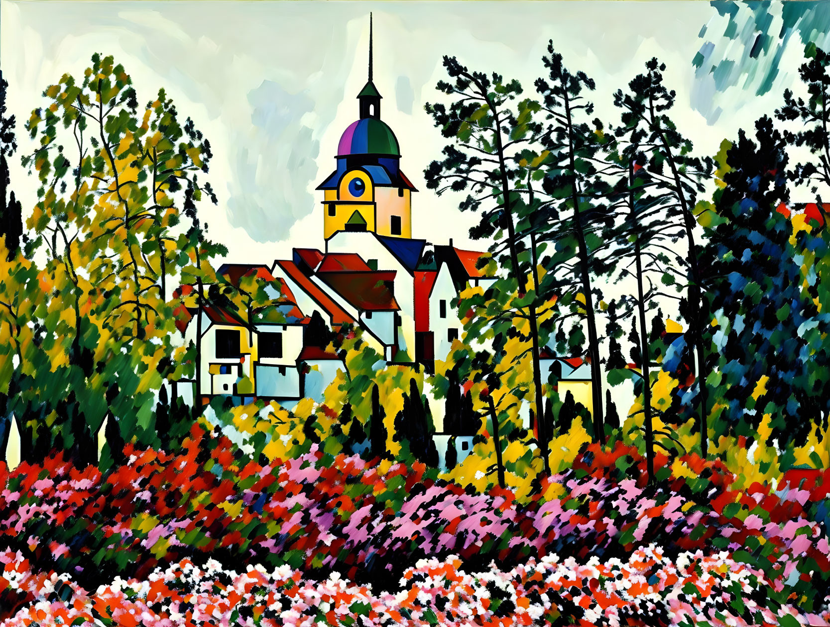 Colorful village painting with yellow and green dome and lush surroundings