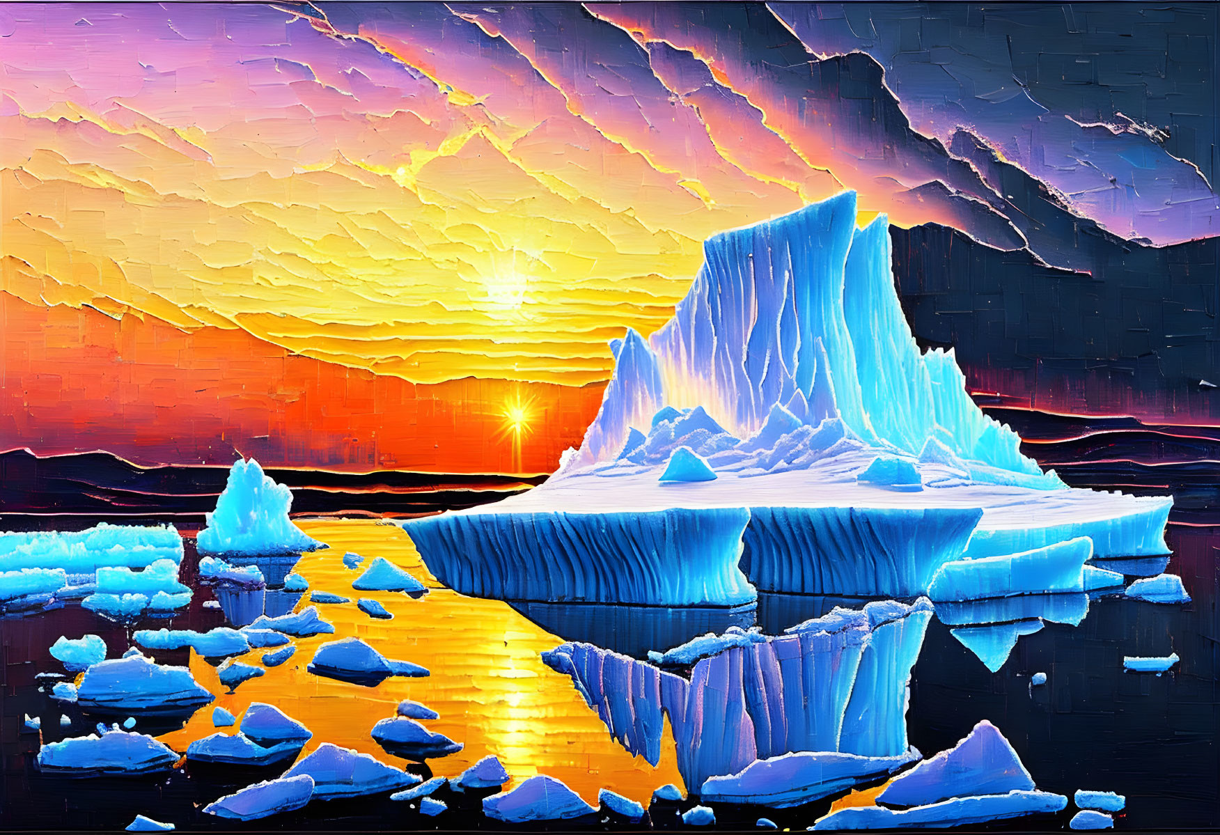 Vibrant painting of large iceberg at sunset with radiant sky and sunbeam.