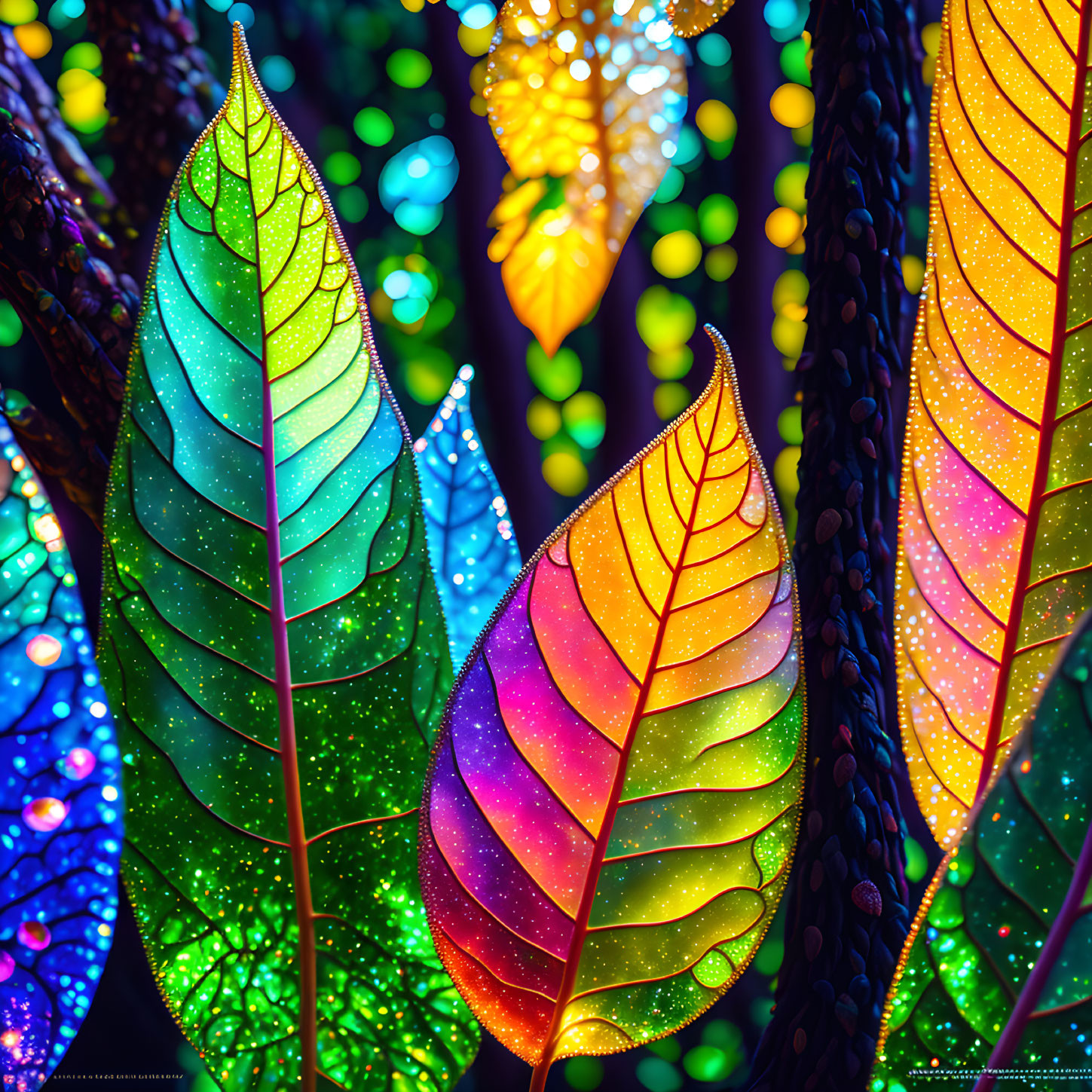 Colorful Neon-Like Leaves on Dark Background with Bokeh Lights