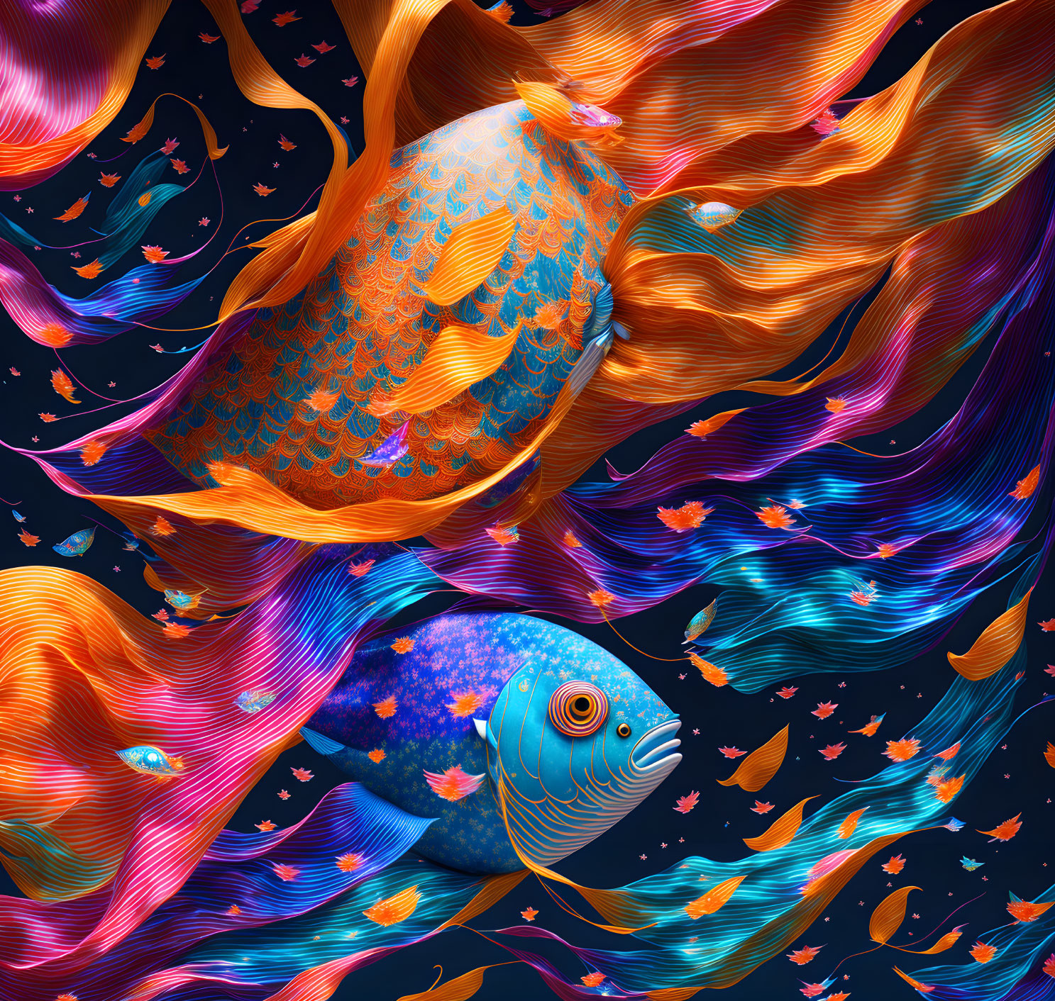 Colorful Digital Art: Two Patterned Fish in Vibrant Ocean Scene