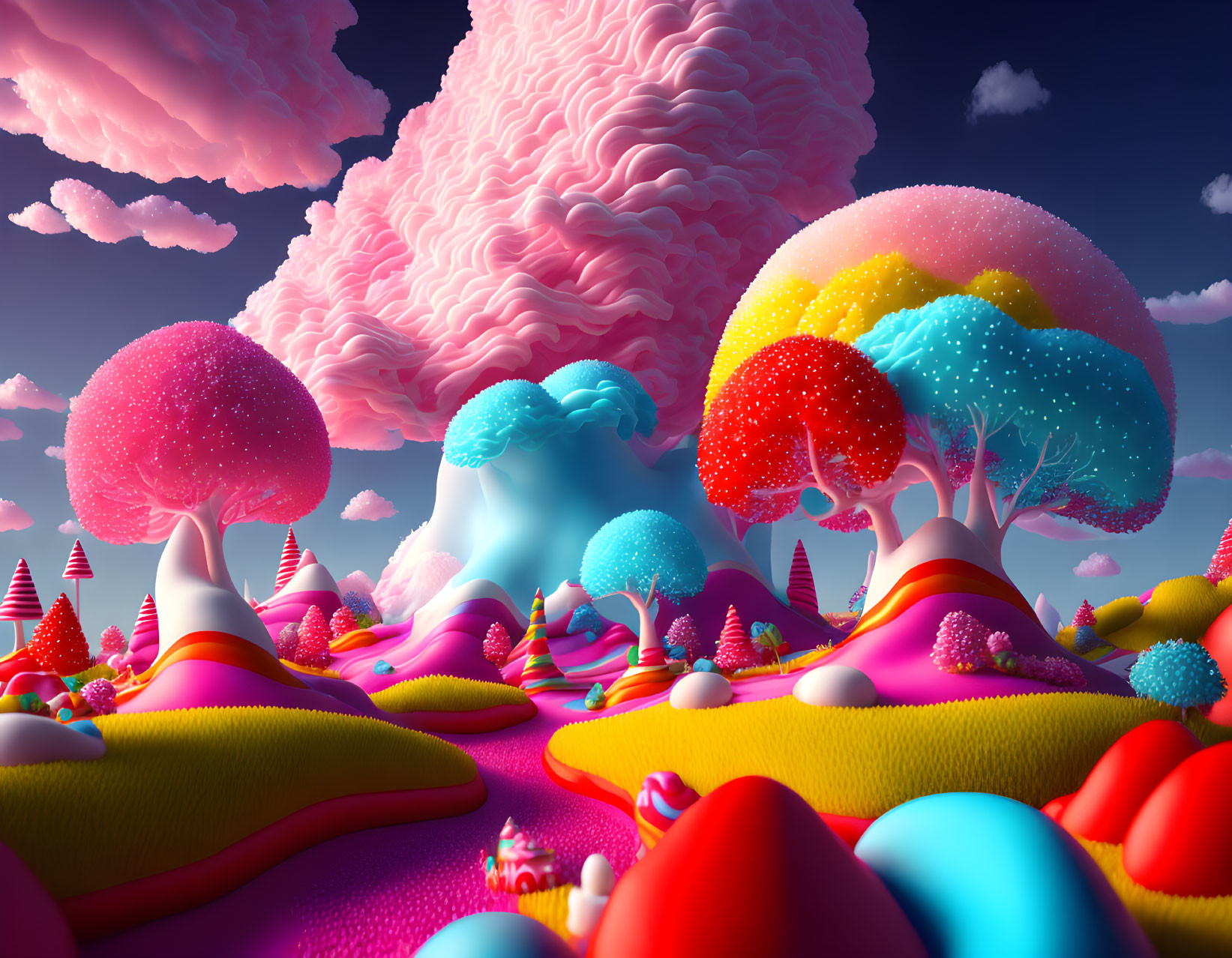 Colorful Stylized Trees in Vibrant Surreal Landscape