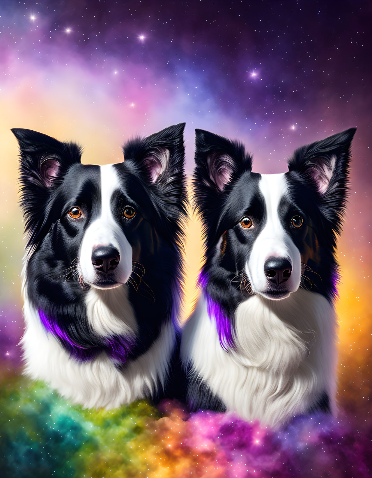 Illustration of two border collies in cosmic setting with purple collars