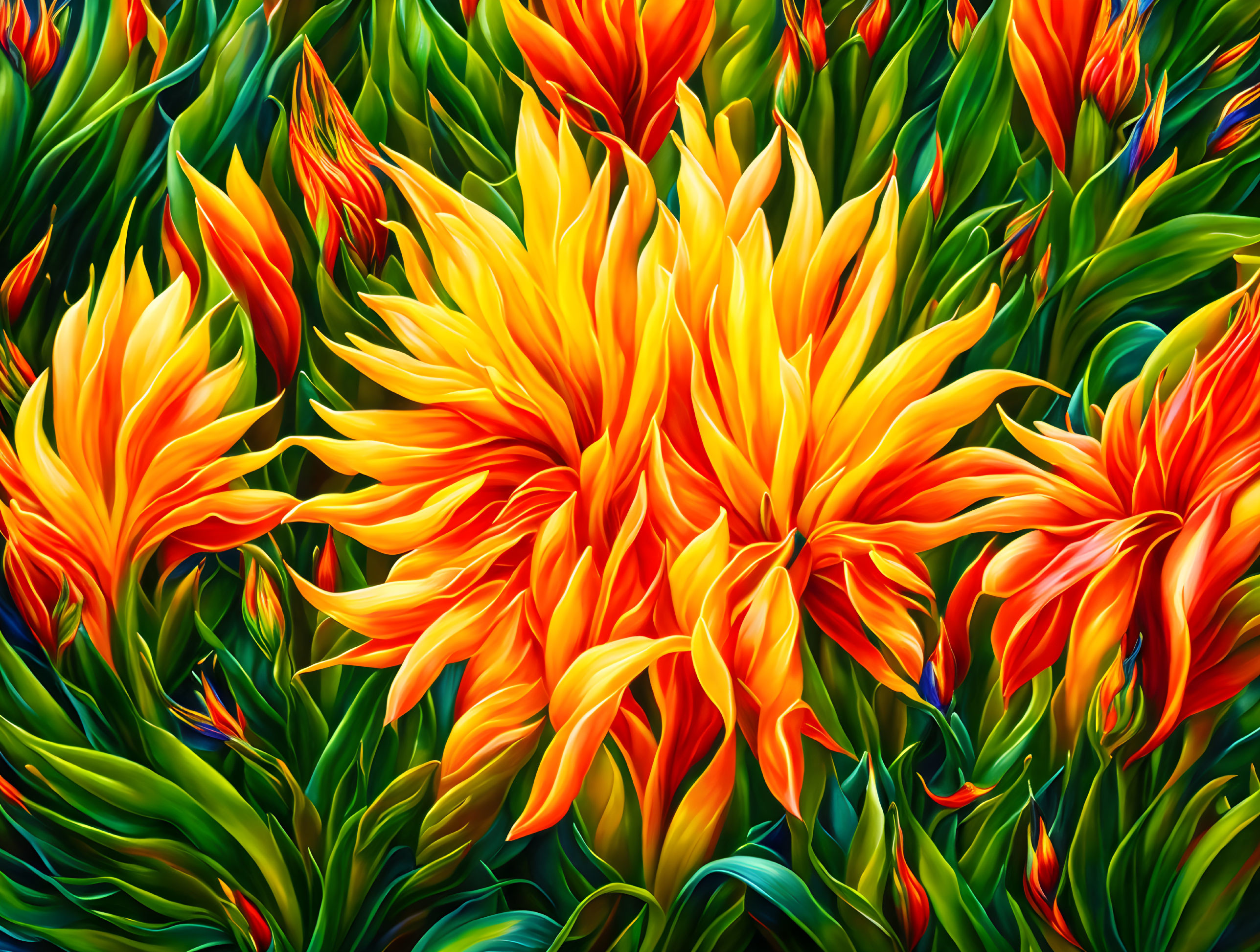 Colorful Painted Flowers: Orange and Yellow Petals with Green Foliage