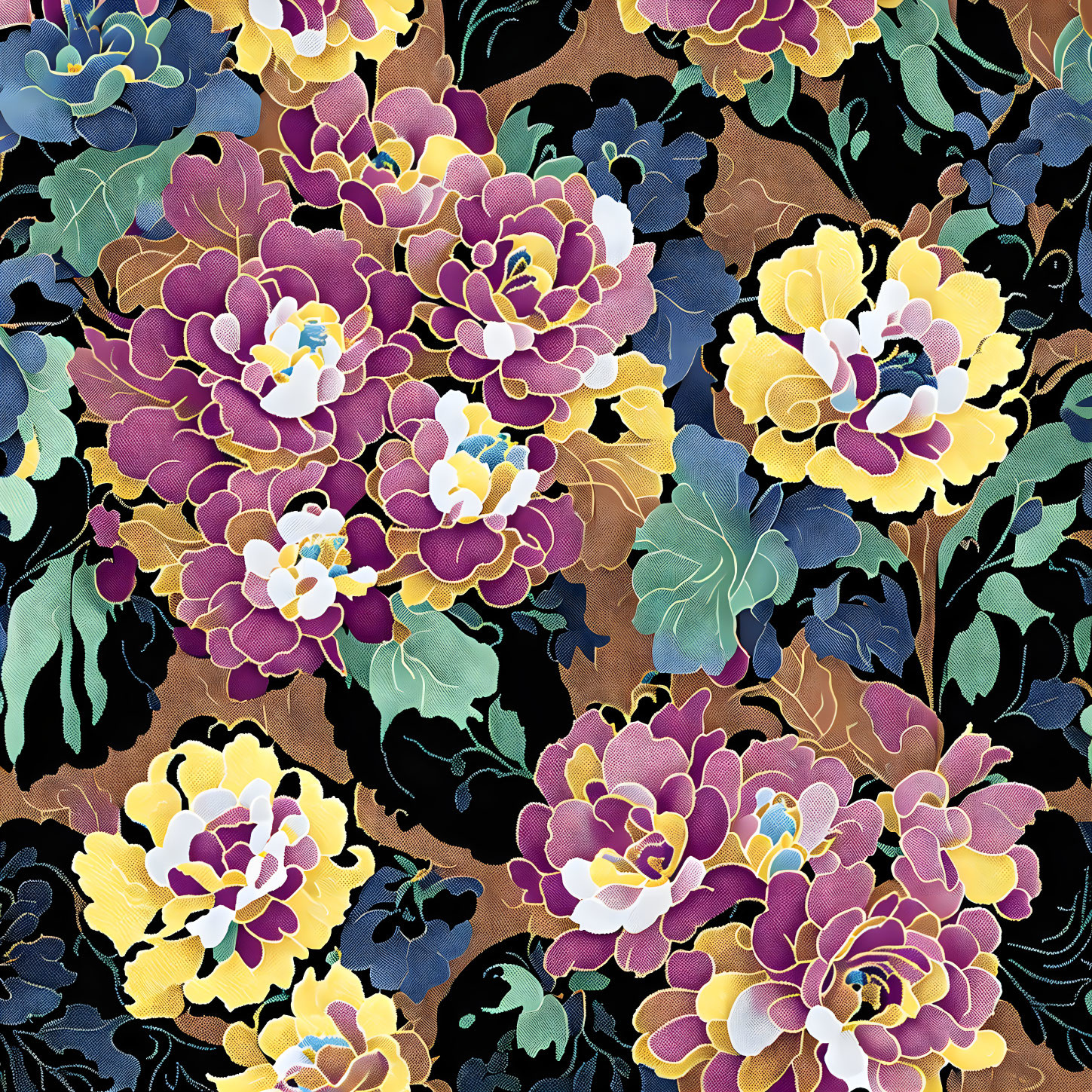 Colorful Floral Pattern with Layered Flowers on Dark Background