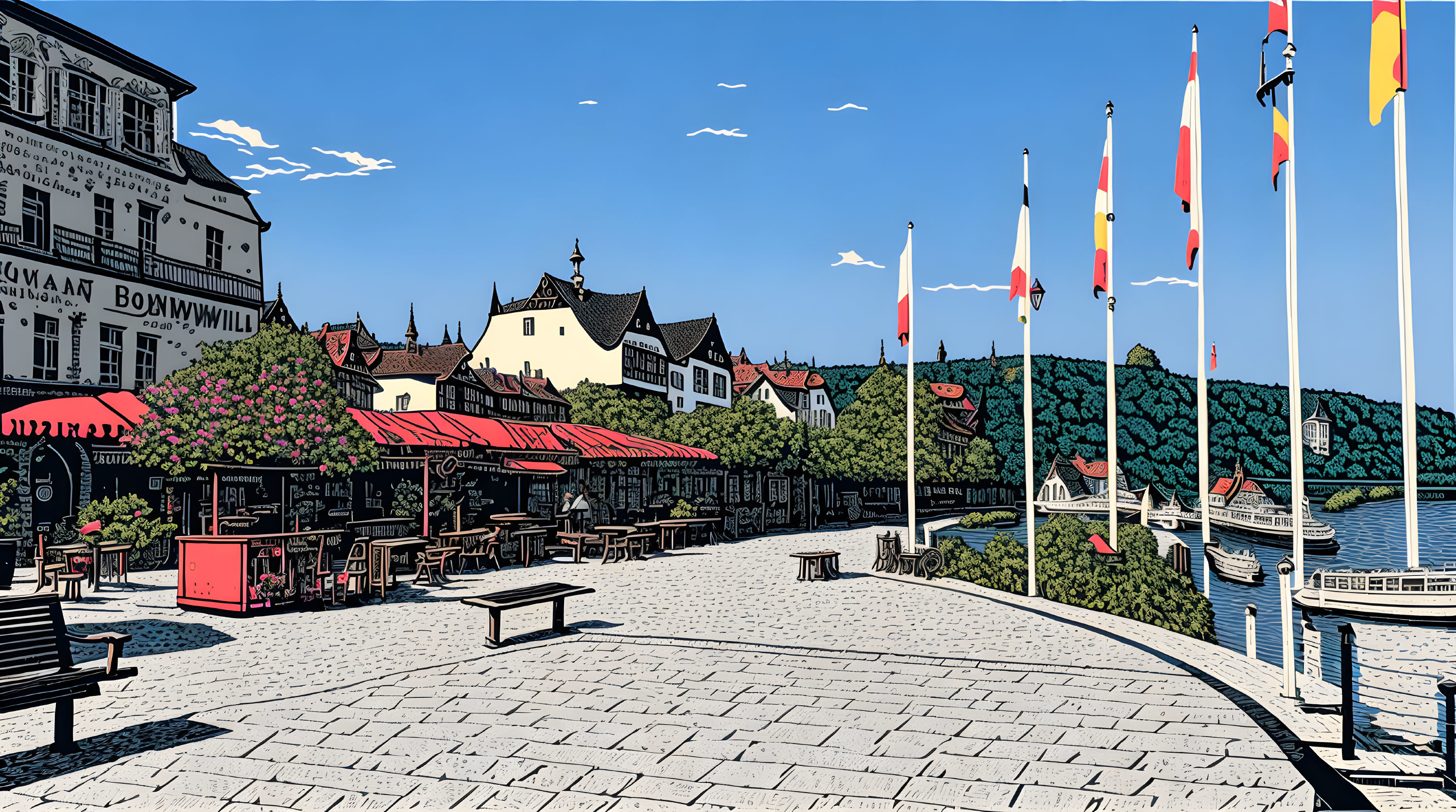 Sunny lakeside promenade with outdoor seating and flags