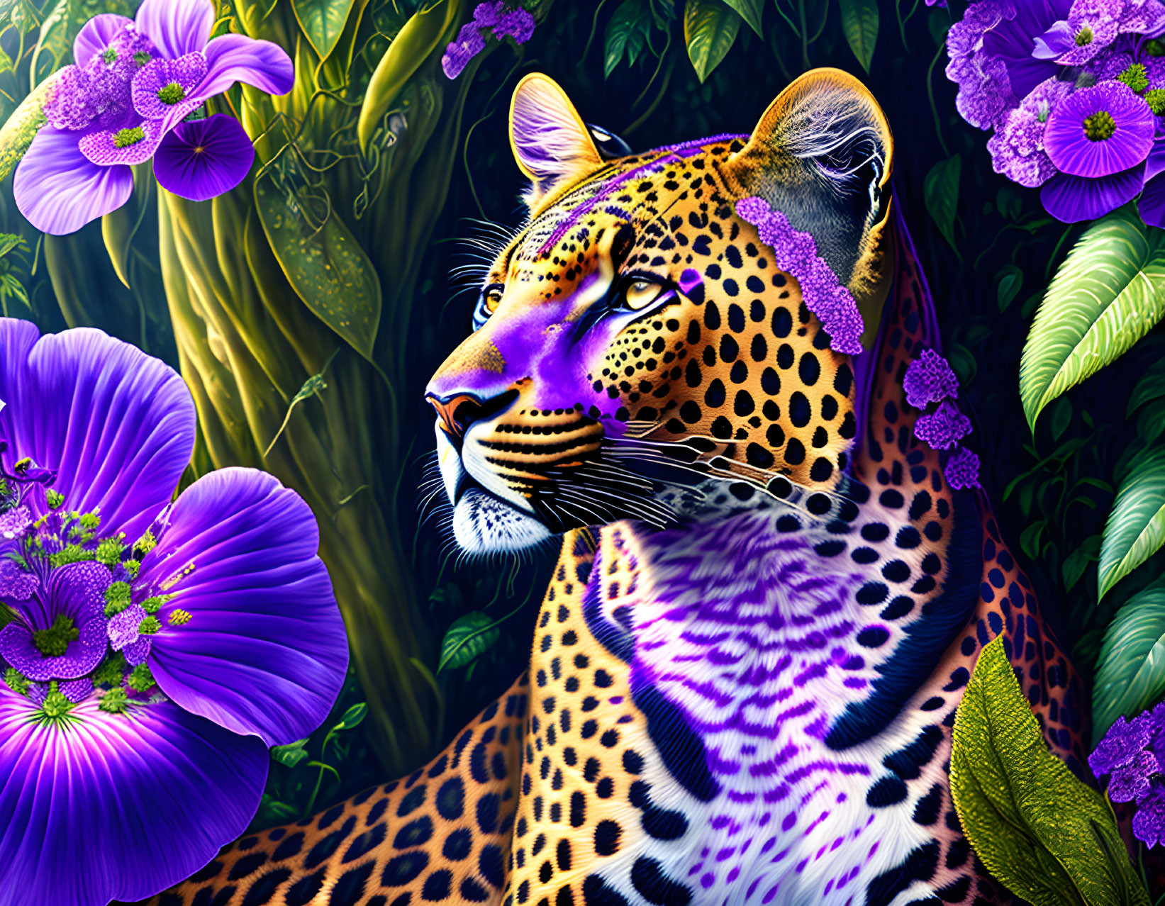 Colorful Leopard in Lush Purple and Green Environment