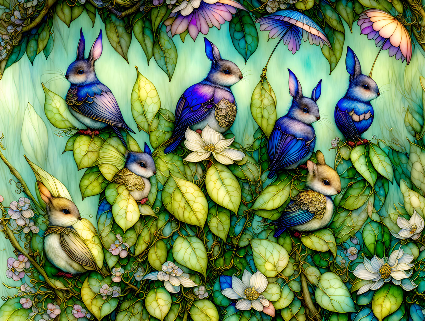 Fantastical birds with butterfly wings in lush greenery and blossoming flowers