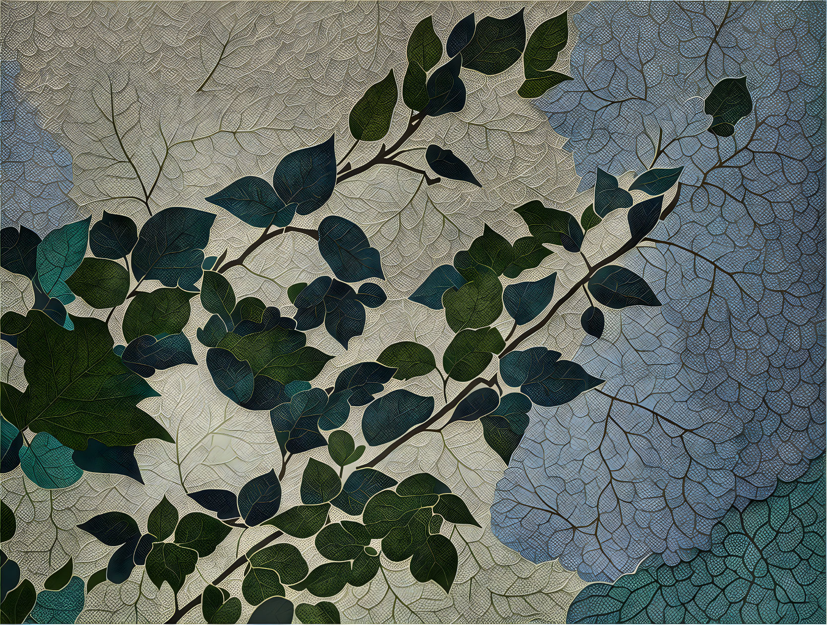 Green Leaves and Branches on Textured Blue Background with Mosaic Patterns