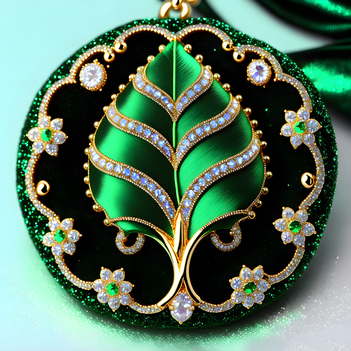 Green and Gold Diamond Pendant with Leaf Design on Sparkling Background