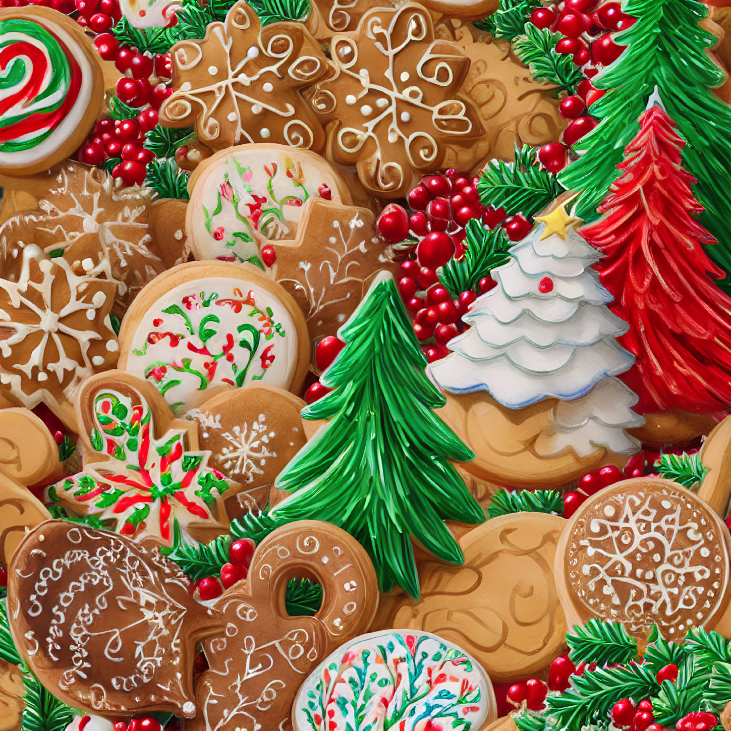 Festive Christmas cookies with icing, candy canes, holly, and evergreen trees