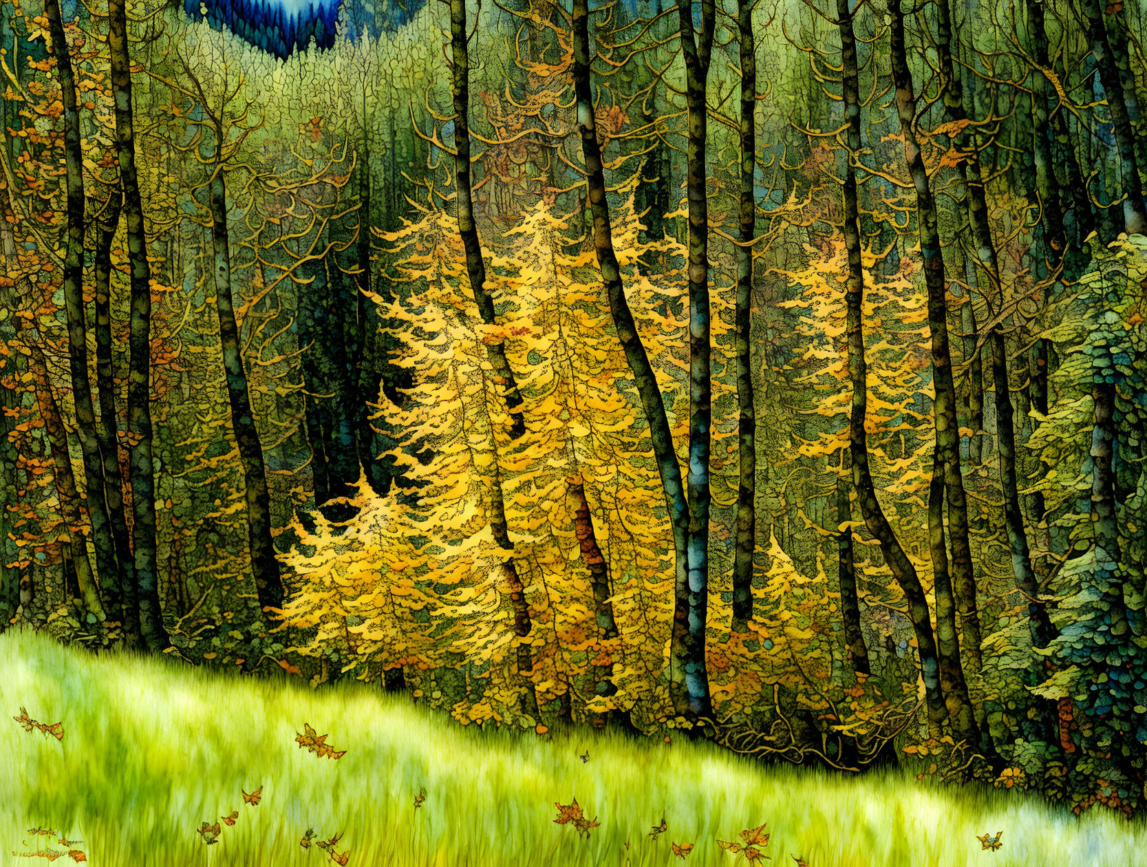 Mixed Evergreen and Golden-Leafed Trees in Dense Forest with Vibrant Green Underbrush