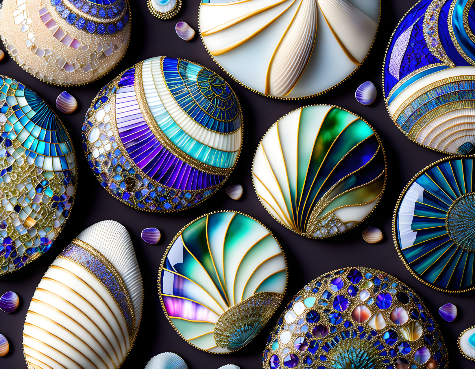 Intricate jewel-encrusted eggs with vibrant colors on dark background