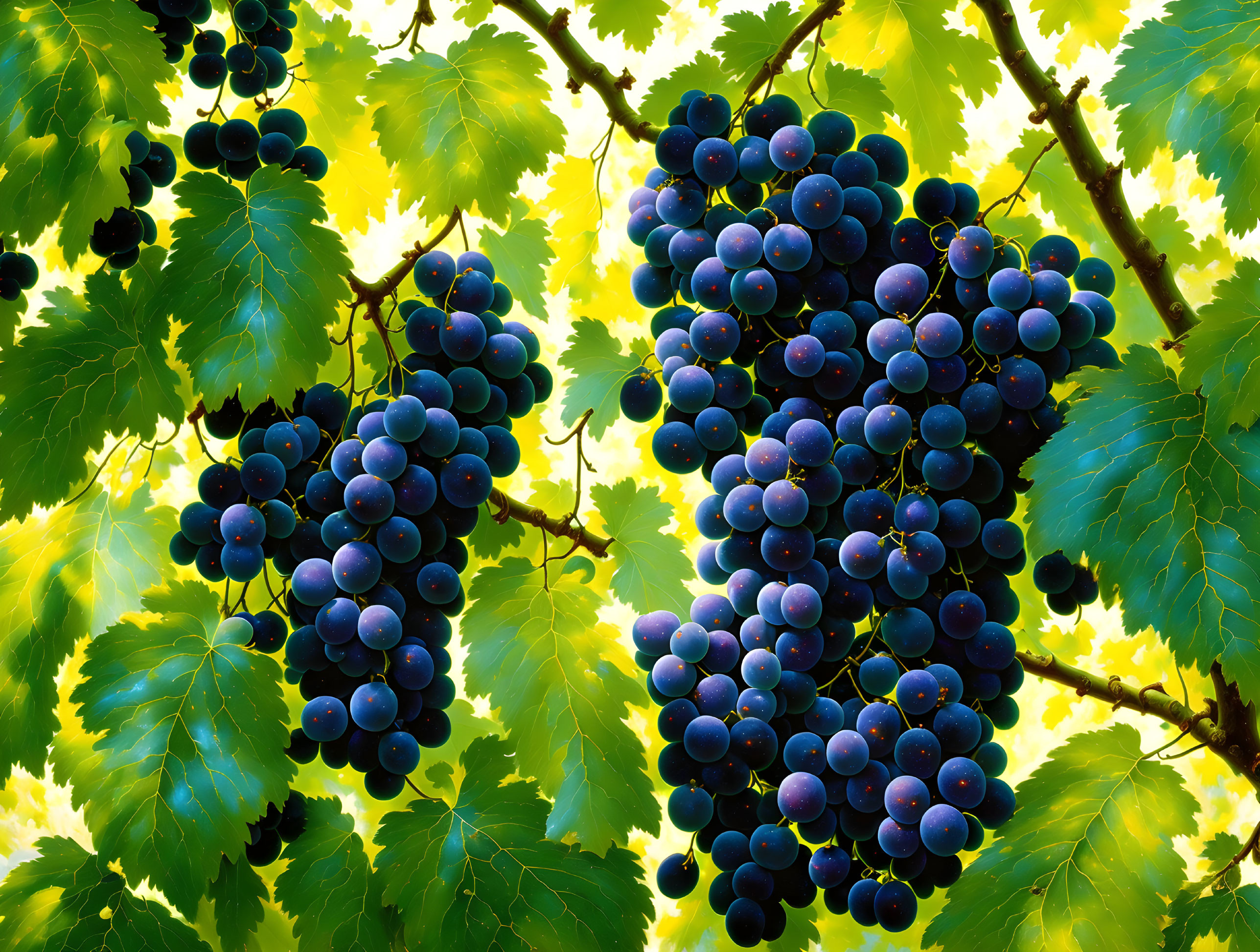 Ripe Dark Grapes on Vines with Green Leaves in Backlit Setting