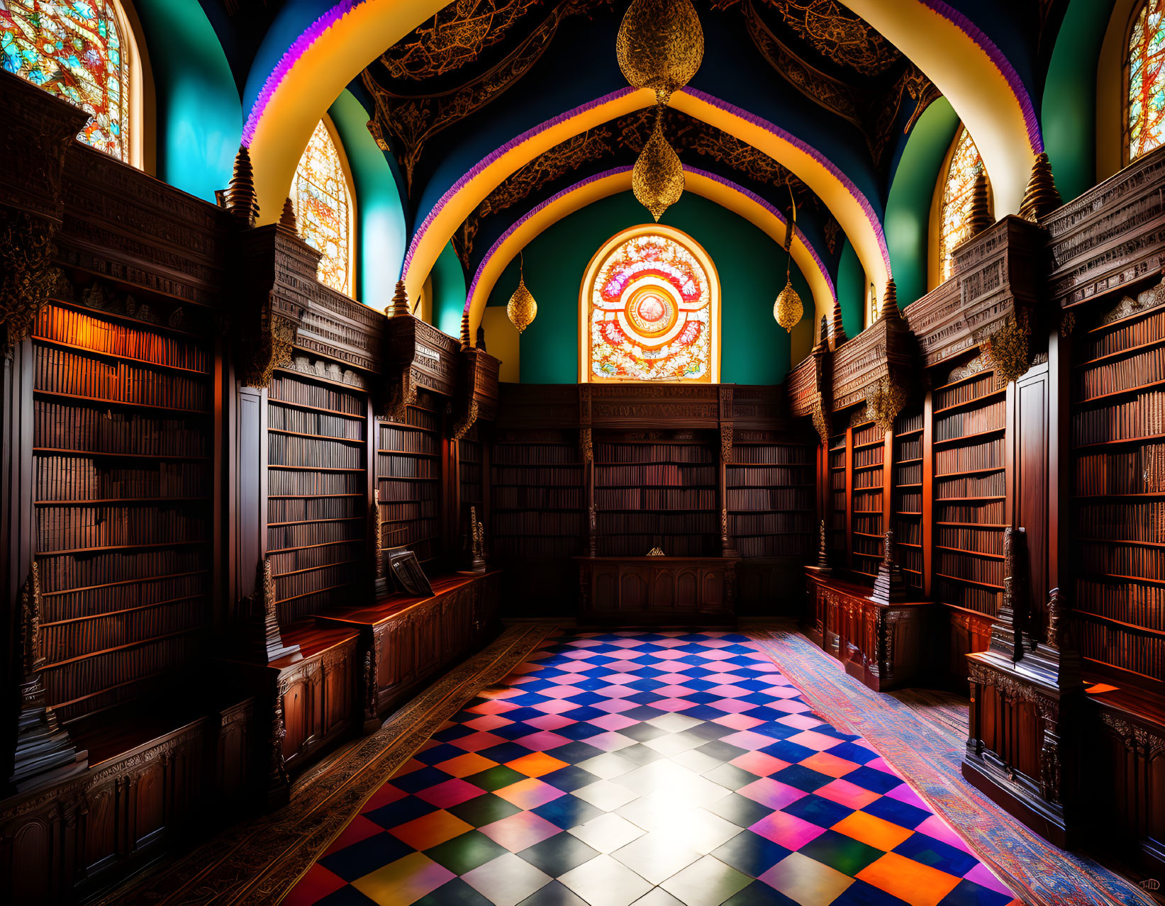 Ornate library with dark wood shelves, checkered floors, colorful ceilings