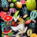 Colorful Fruit and Geometric Shapes Collage on Dark Background