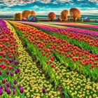 Colorful Tulip Field with Trees and Houses Under Blue Sky