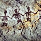 Ancient rock art: Four human figures with decorative bodies in dance or ritual, etched with swirling