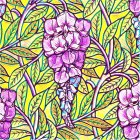 Colorful Floral Pattern with Lilac Flowers and Green-Yellow Leaves