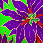 Colorful digital artwork featuring stylized purple leaves with gold and red patterns on green.