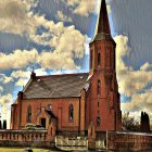 Intricately patterned church with stained glass design under colorful, abstract sky.