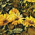 Yellow Sunflowers Pattern on Dark Background with Green Foliage