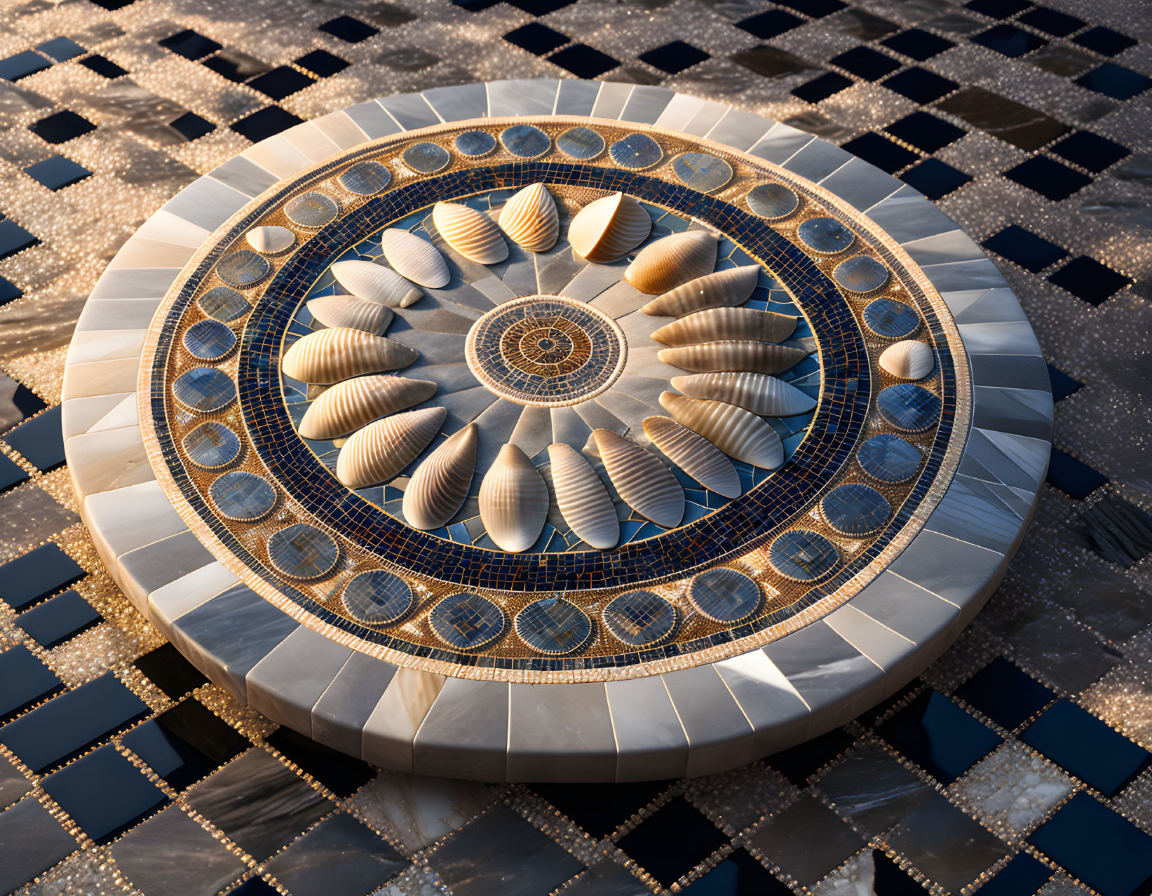 Circular ornate fountain with seashell motifs and tile patterns on square ground.