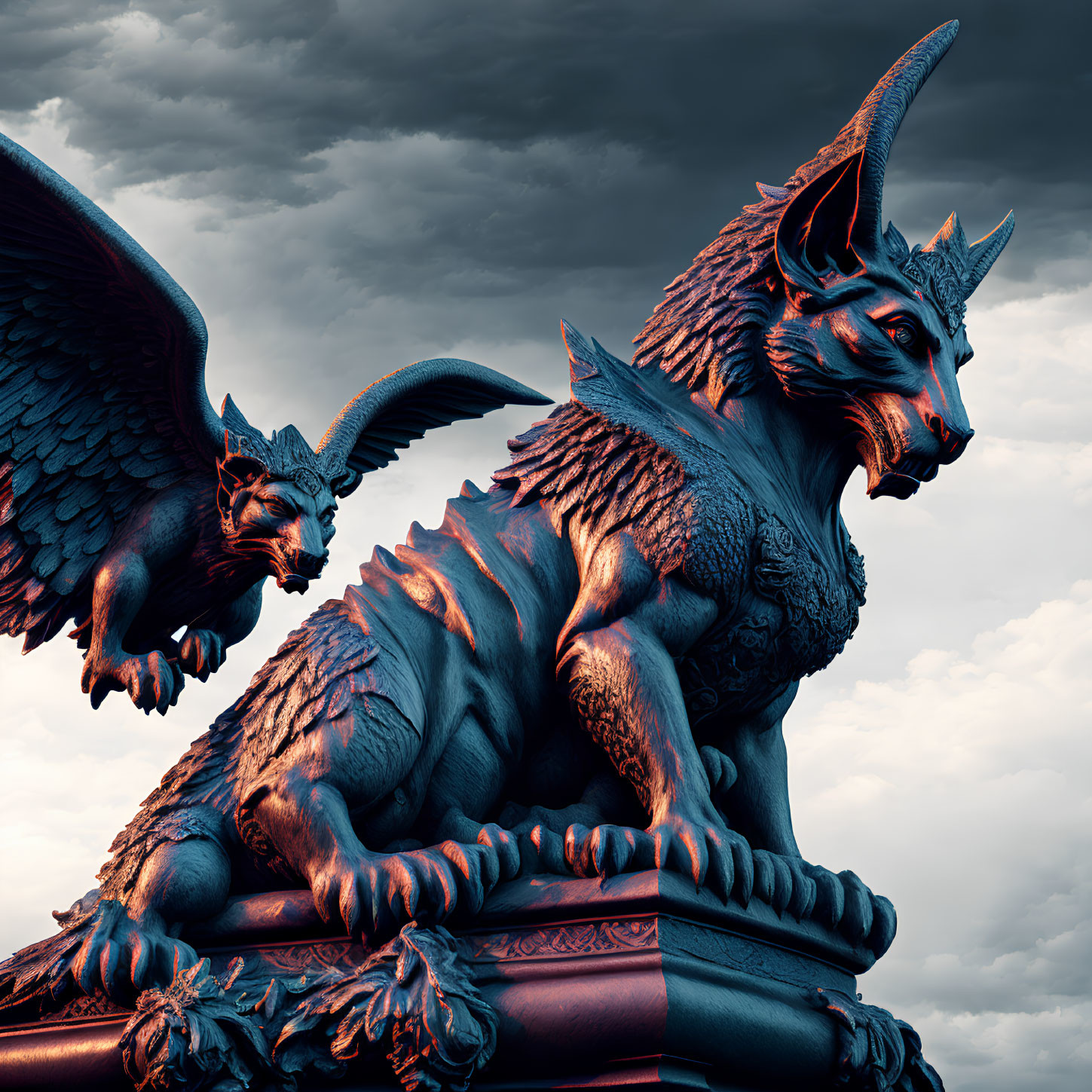 Mythical Winged Gargoyle Statues in Dramatic Sky