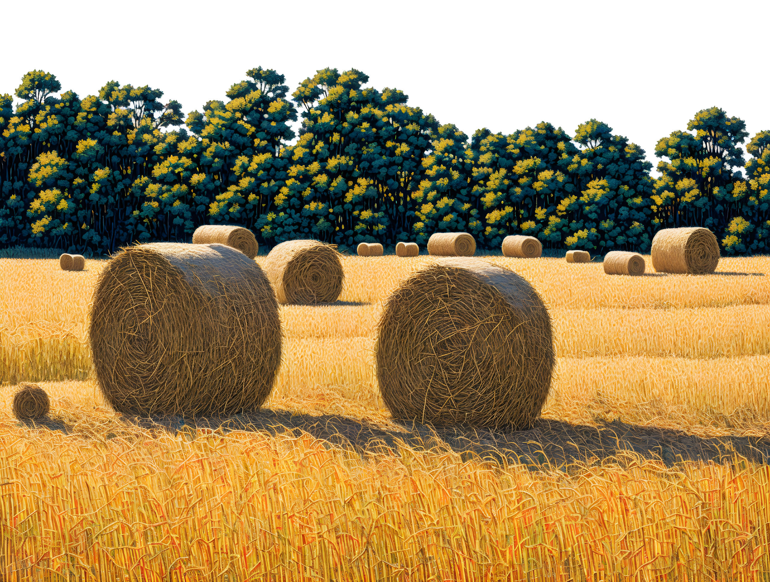 Rural landscape with golden hay bales and sunflowers under clear sky