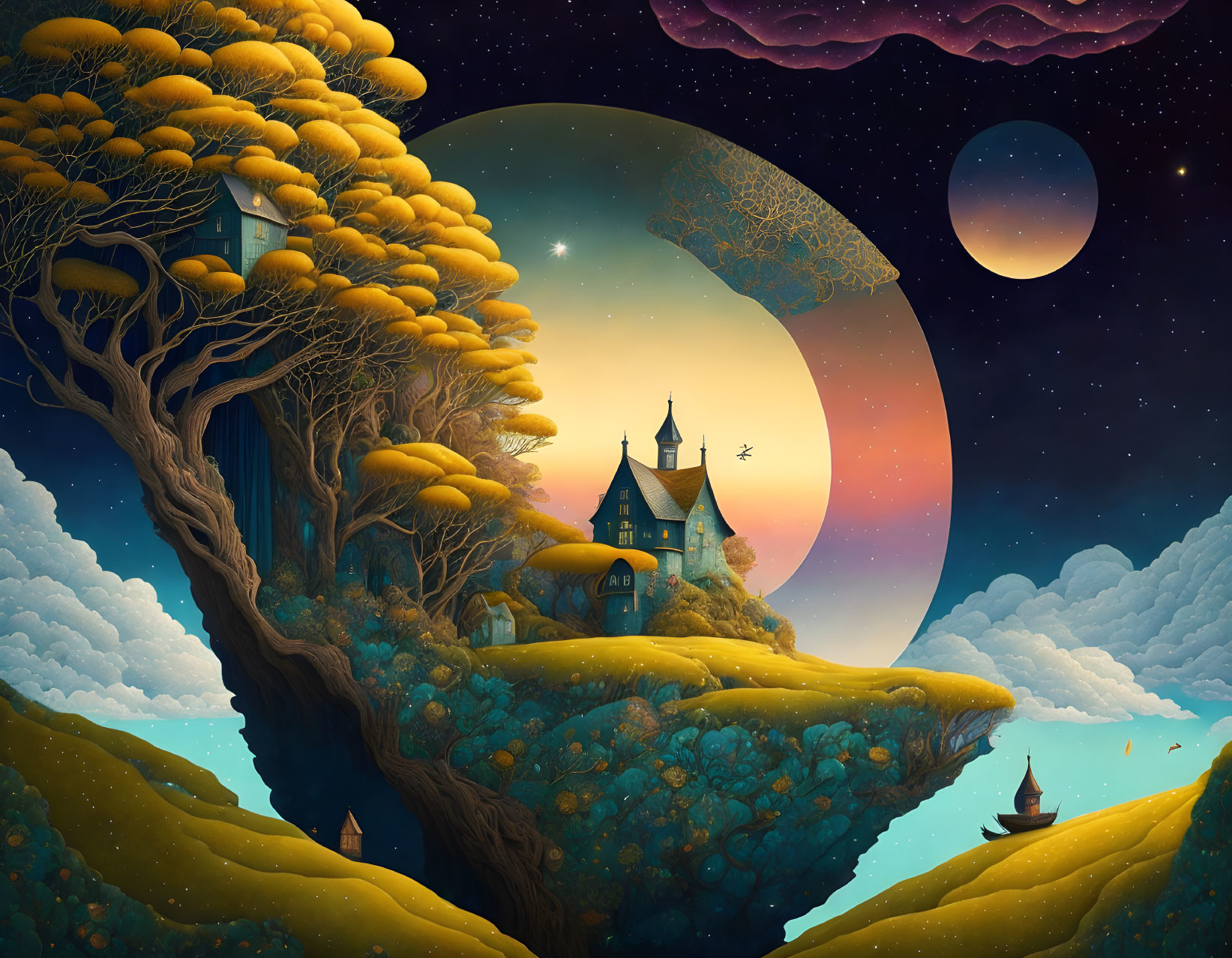 Floating island with old house, yellow trees, moon, planets, stars, and clouds in twilight sky