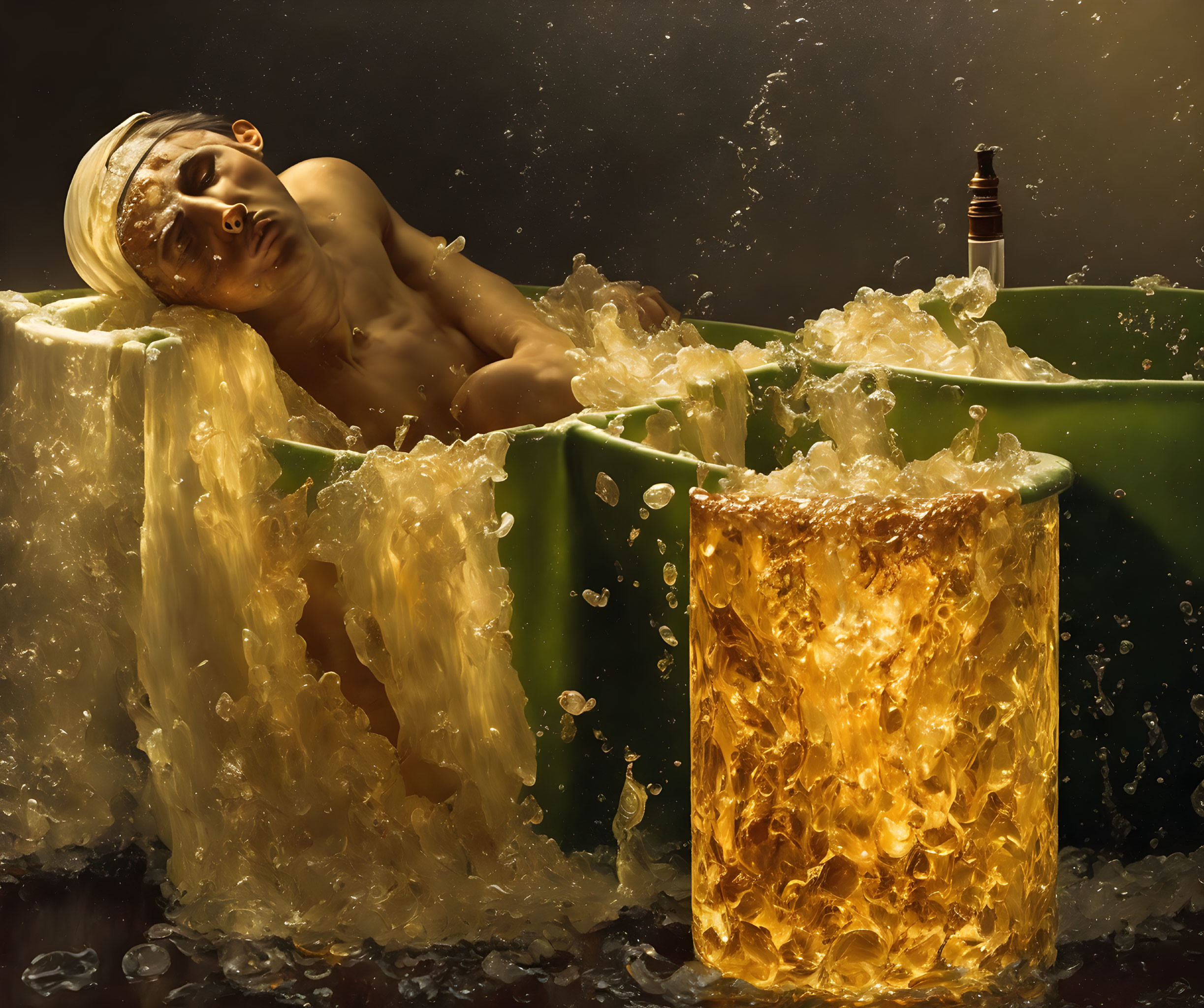 Woman in bathtub filled with beer-like liquid, surreal scene with pint glass