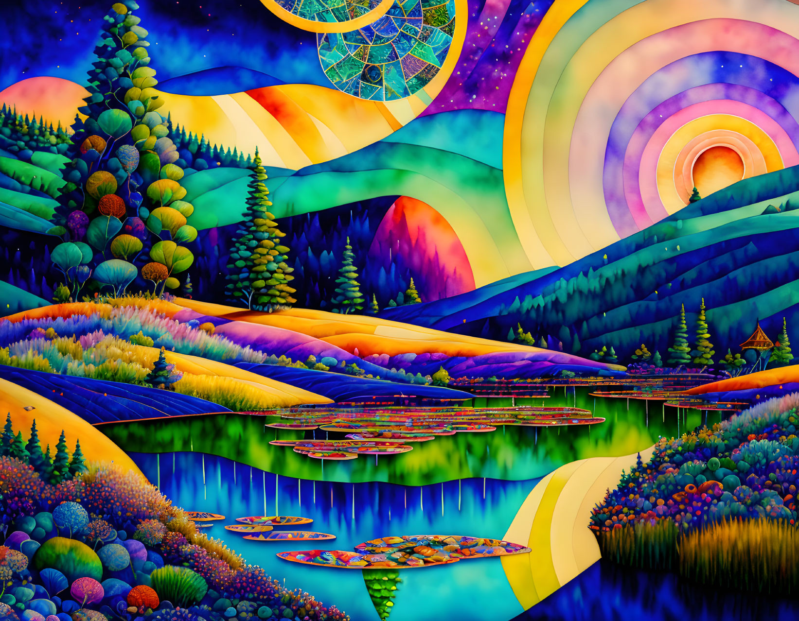 Colorful Psychedelic Landscape with Rolling Hills, River, and Swirling Skies