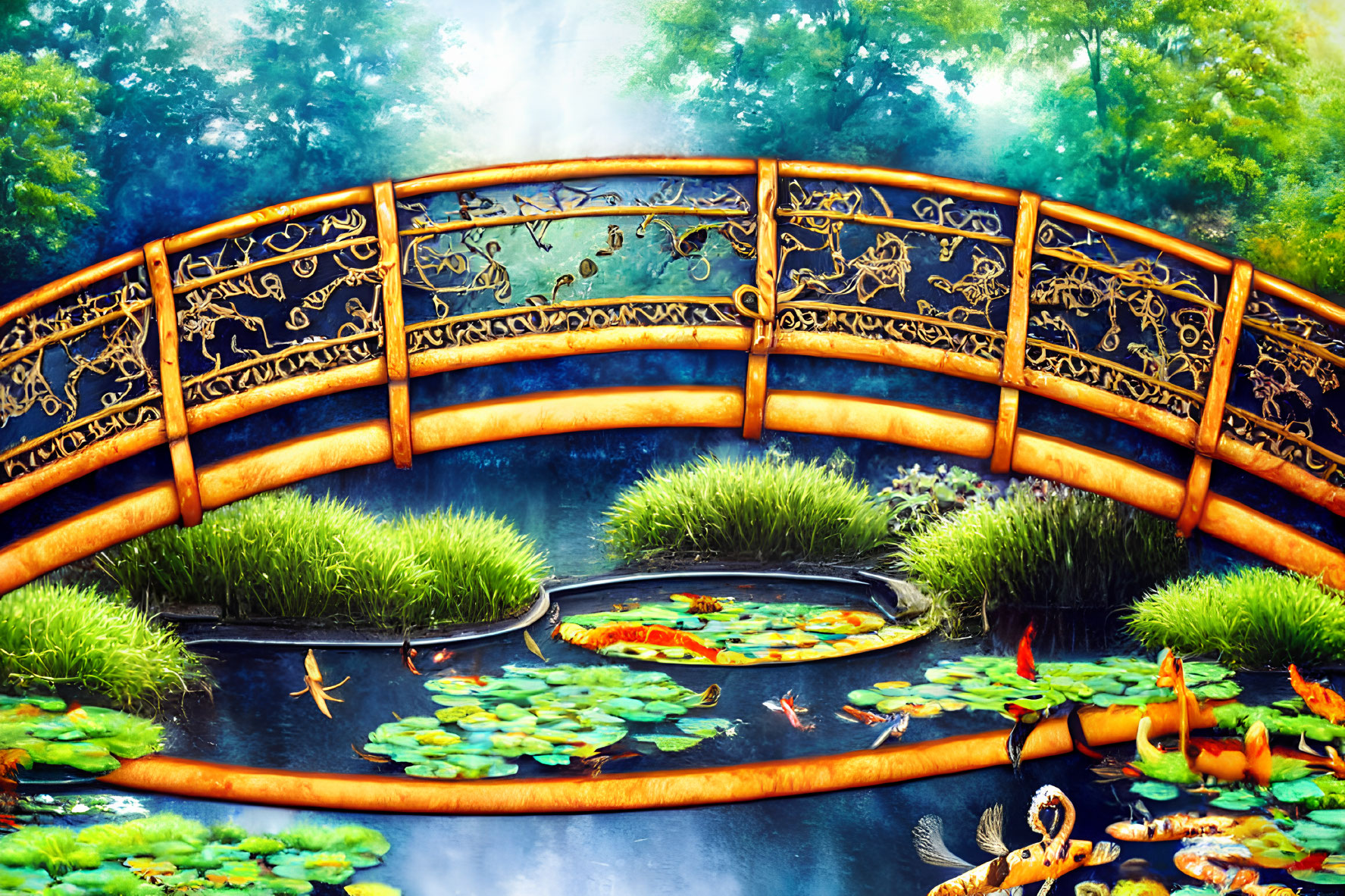 Colorful bridge over pond with koi fish and lily pads surrounded by greenery