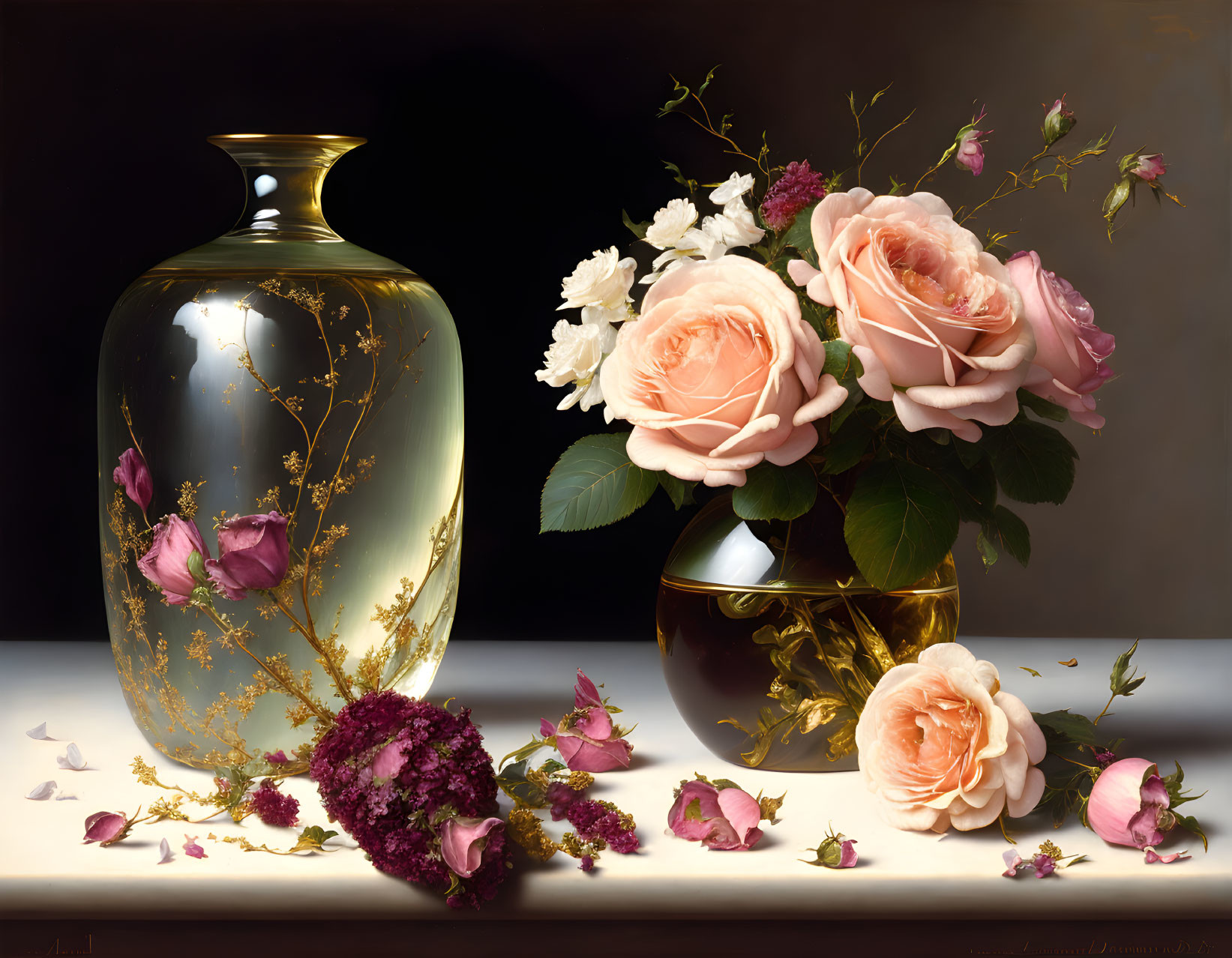 Golden vase, peach roses, purple flowers still life painting