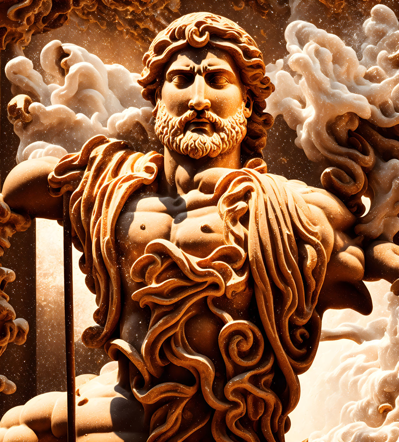 Golden statue of bearded male figure in swirling clouds