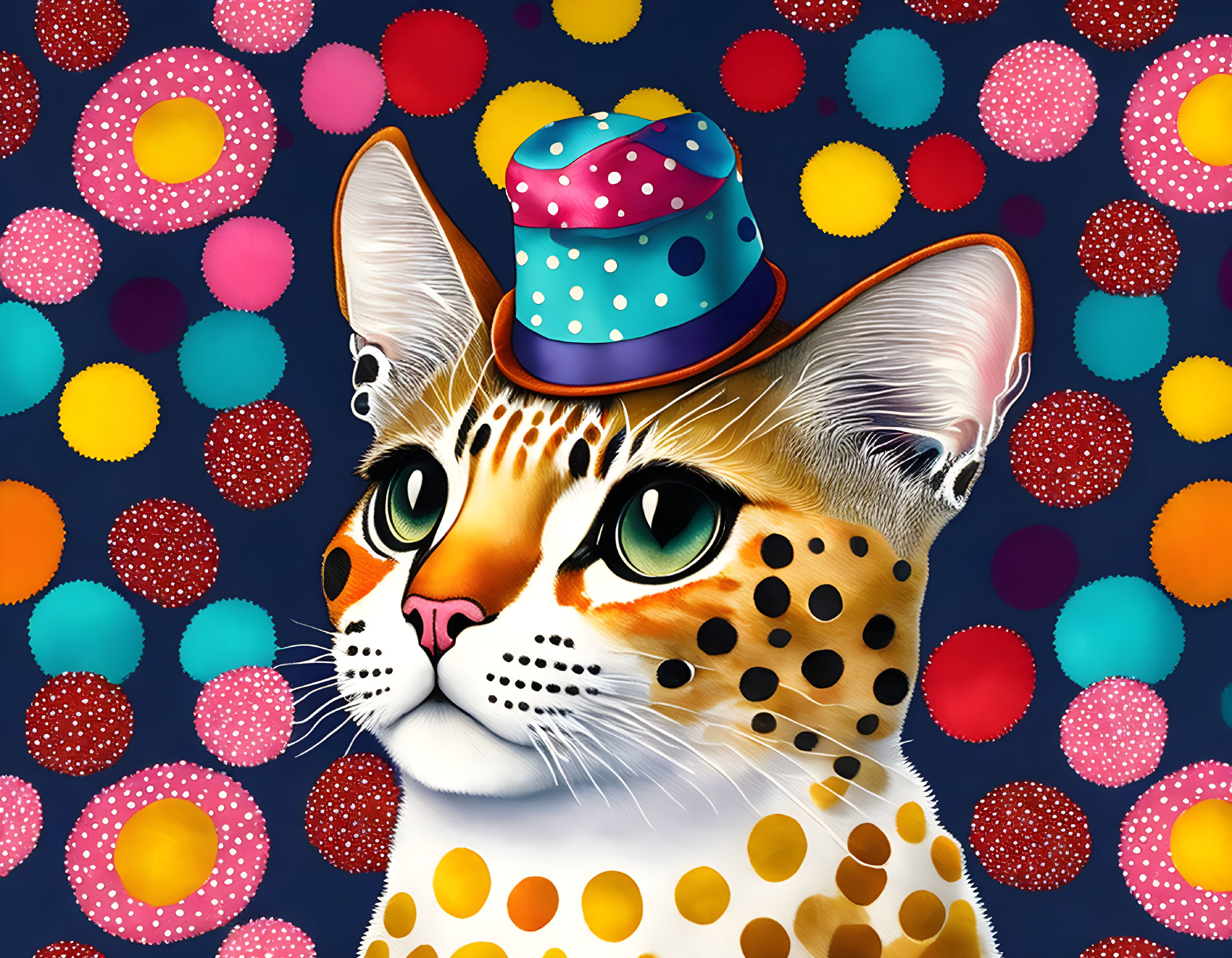 Whimsical cat in polka-dotted party hat on vibrant background