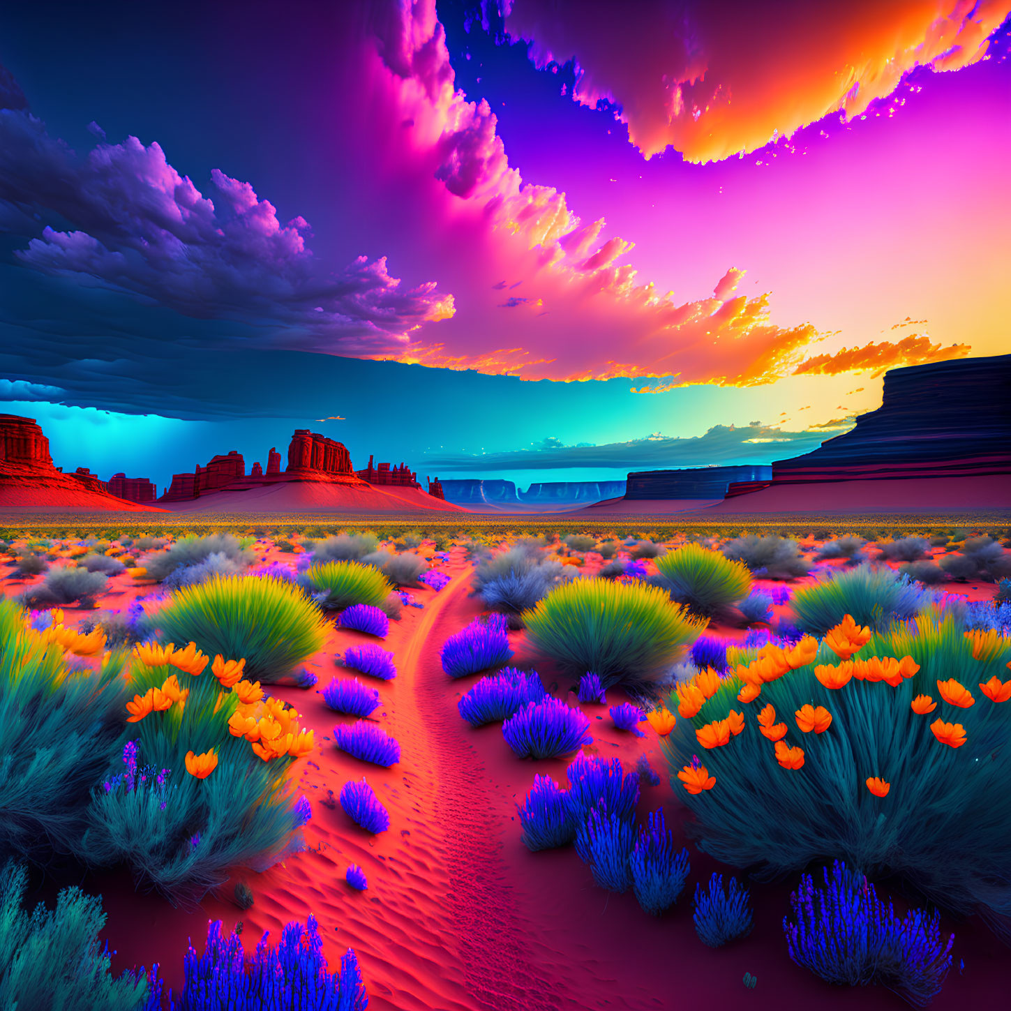 Colorful desert landscape with purple and pink skies, orange flowers, and red rock formations