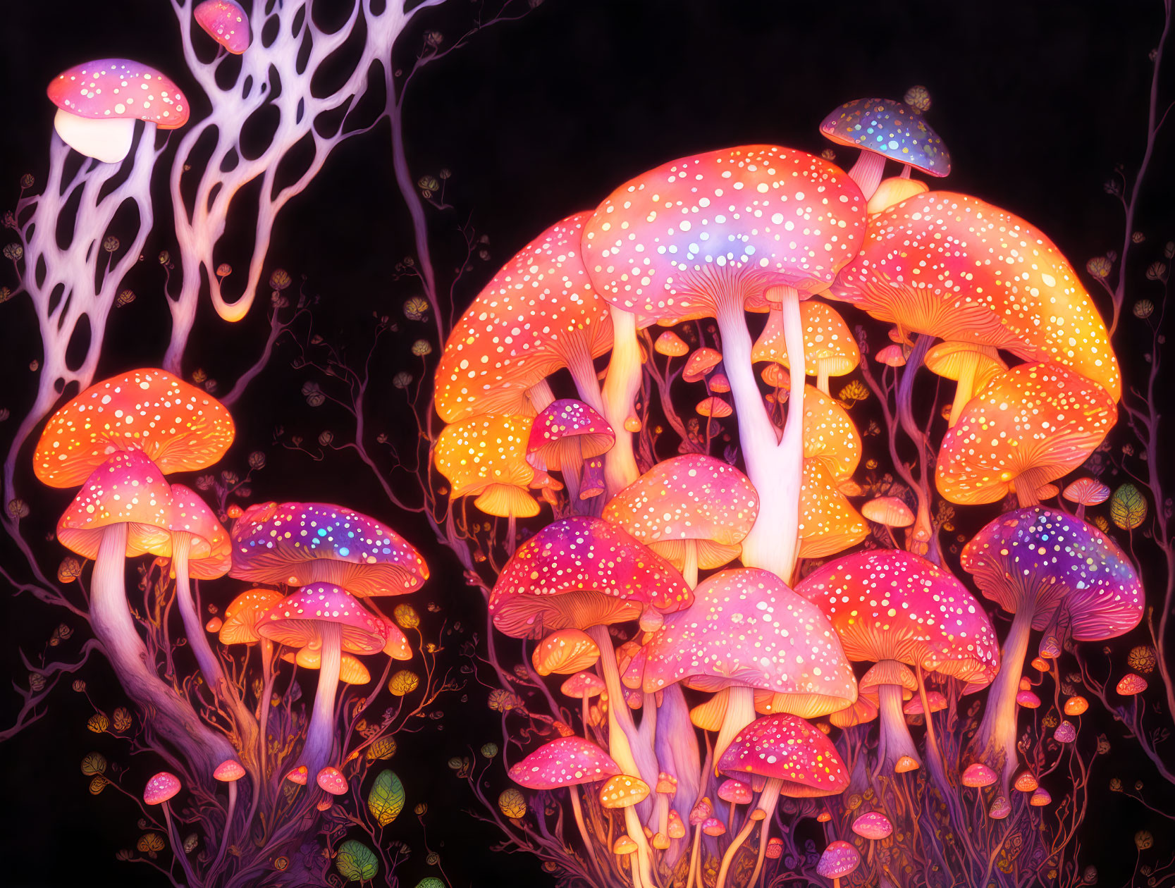 Colorful Glowing Mushroom Cluster Artwork in Pink, Orange, and Purple