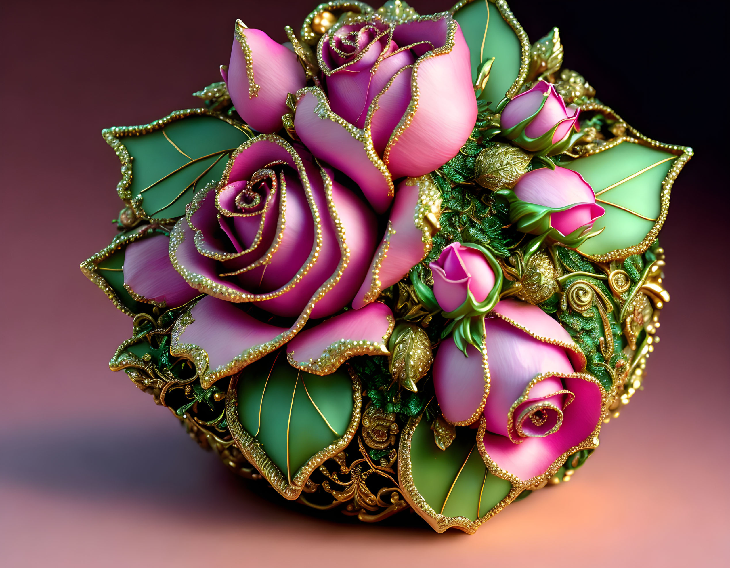 Pink Roses and Golden Designs on Gradient Background