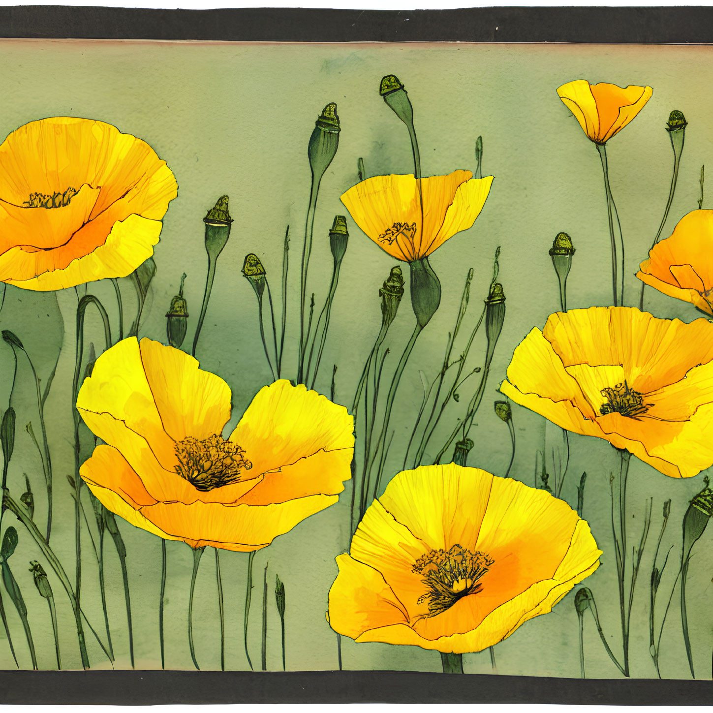 Vibrant Yellow-Orange Poppies on Textured Green Background