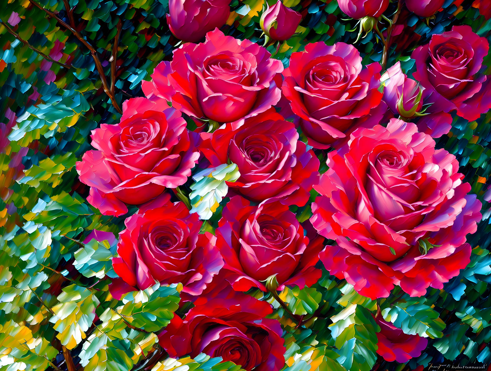 Vibrant red roses painting with textured mosaic style