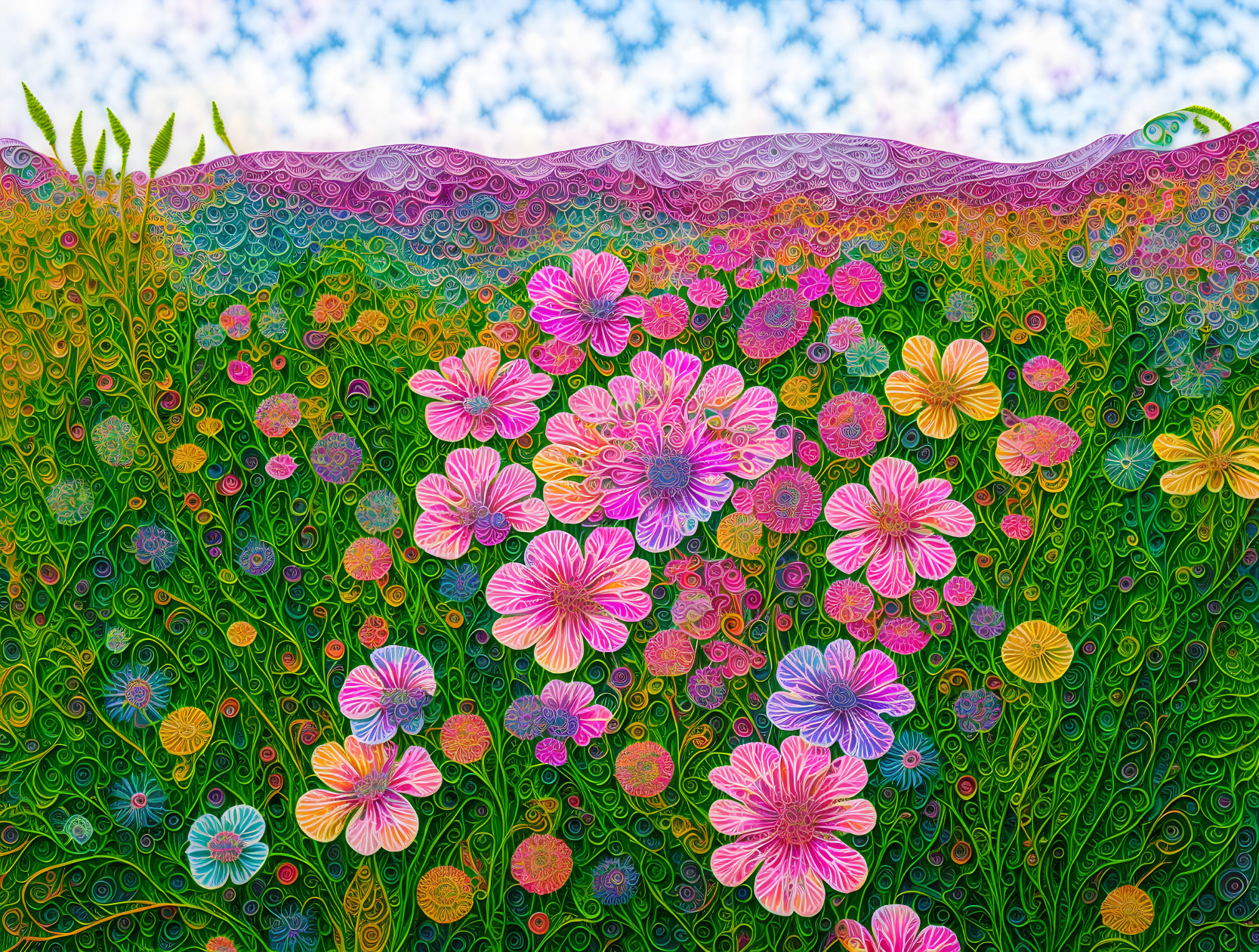 Colorful whimsical garden painting with swirling flowers and pastel sky