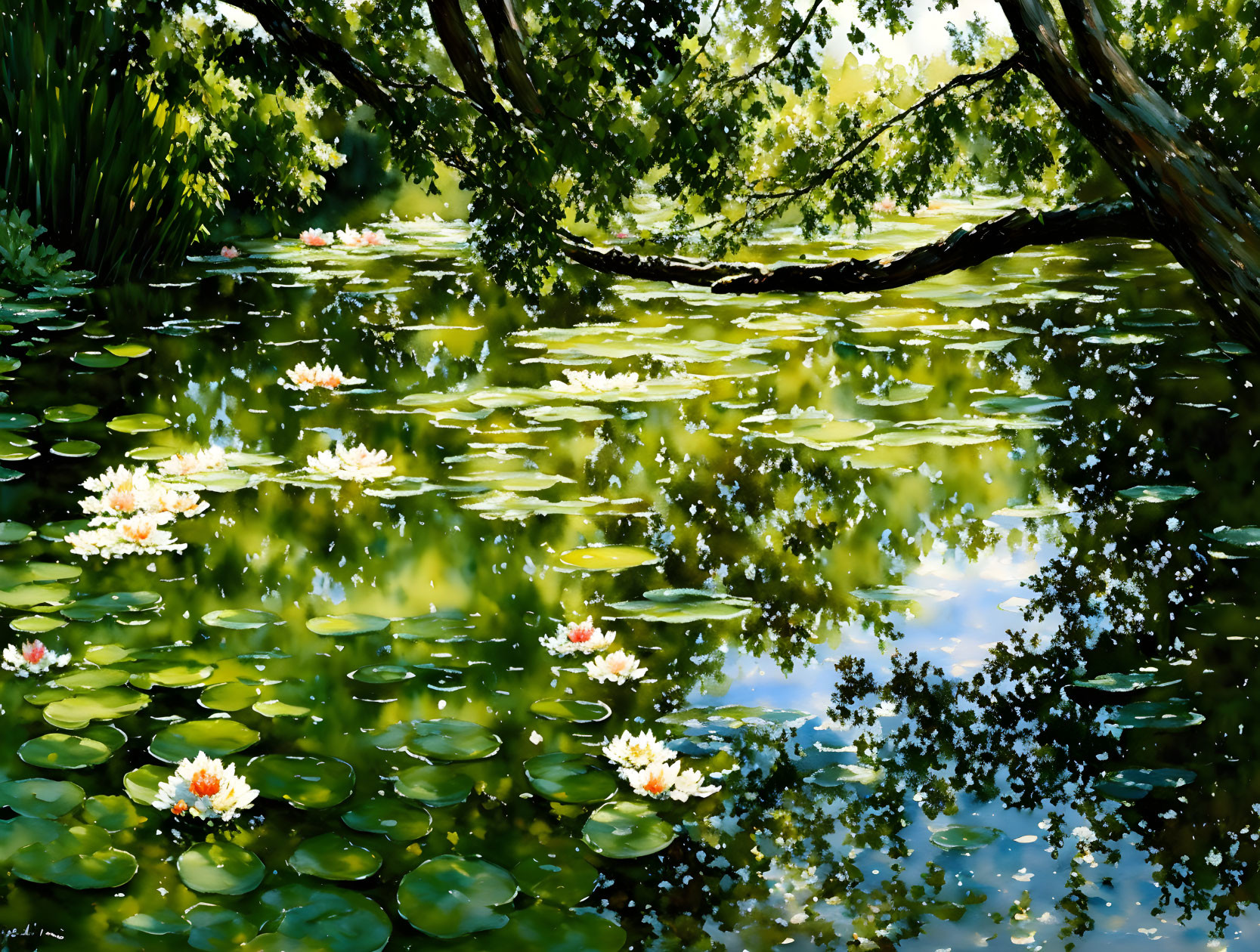 Tranquil pond with water lilies, lush greenery, and leaning tree