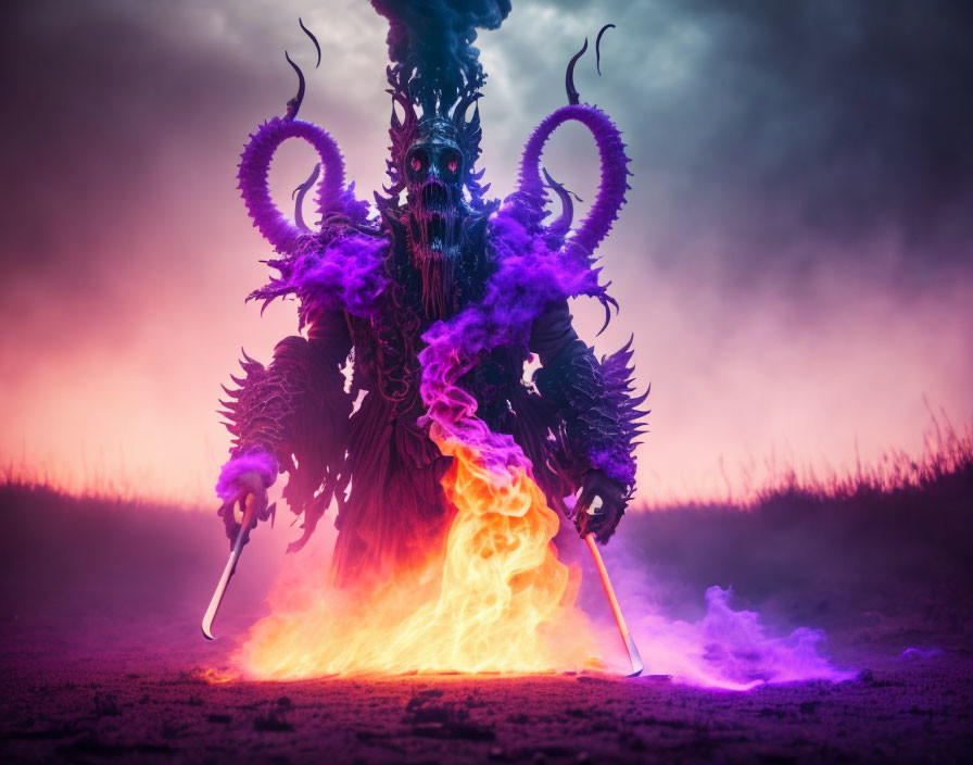 Mystical creature with horns and wings in fiery landscape