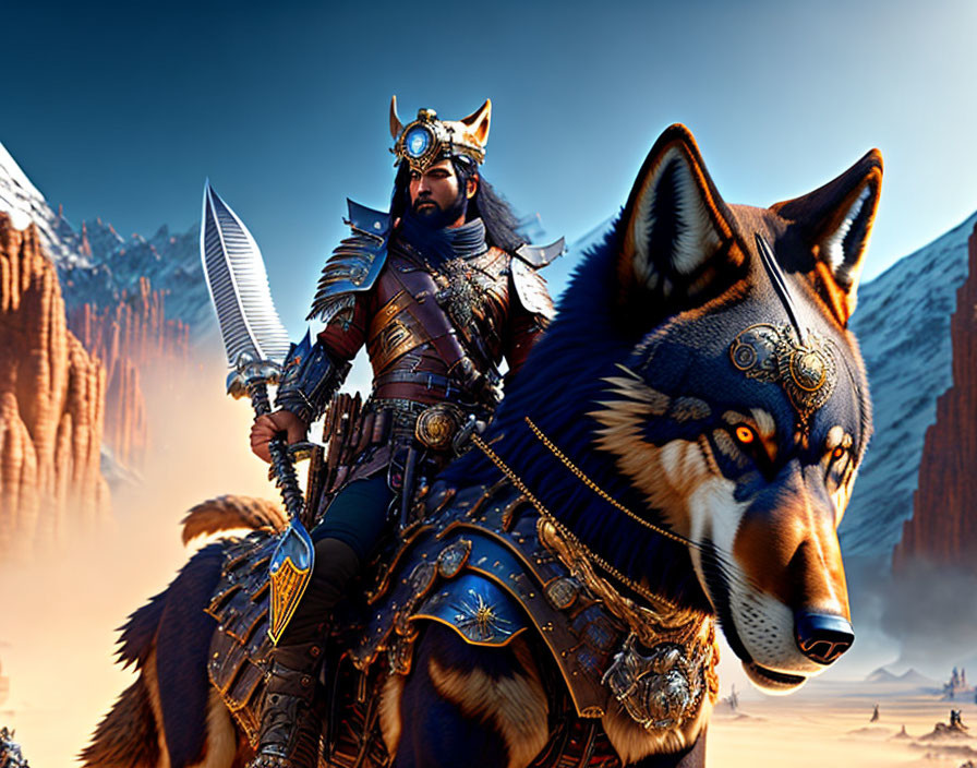 Armored warrior and wolf in icy mountain scenery