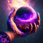 Purple-patterned hand holding glowing galaxy orb in cosmic scene