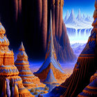 Alien landscape at dusk with towering rock formations