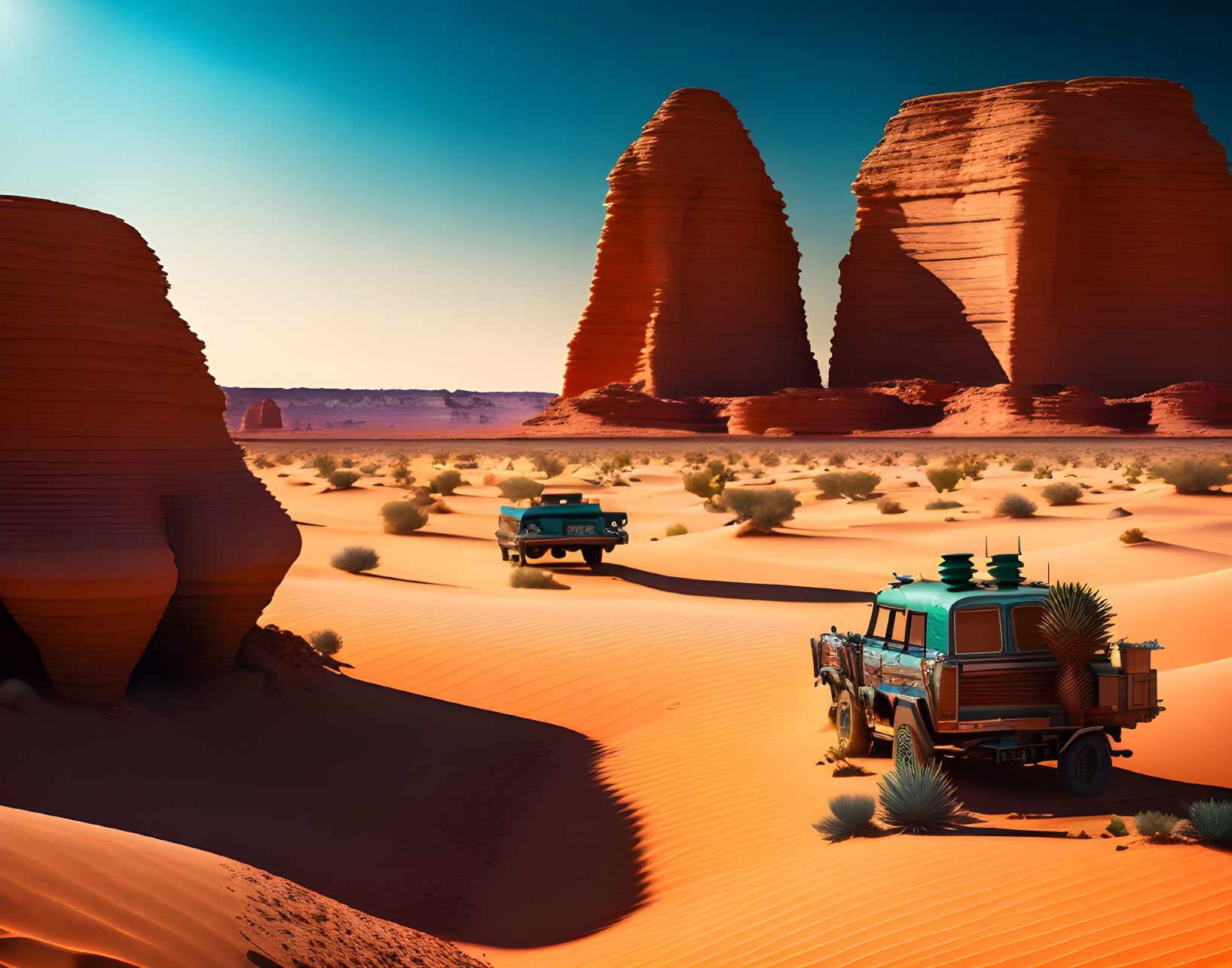 Off-road vehicle navigating red sand dunes in desert landscape